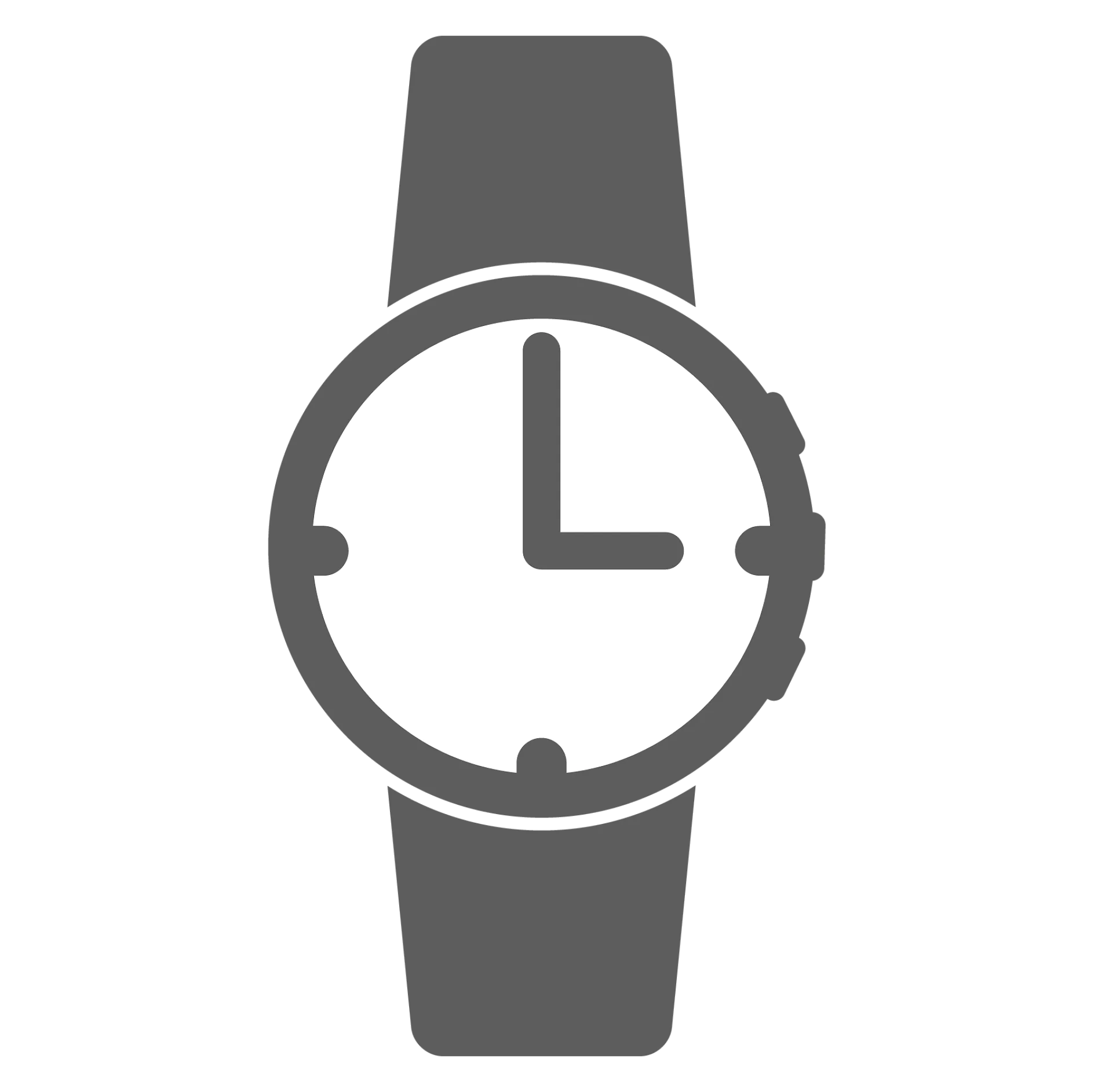 Anvendelsestid En simpel grå digital illustration af et armbåndsur med et rundt ansigt og to visere, den ene peger på 3 og den anden på 12, hvilket indikerer klokken 3. Uret har en almindelig rem lavet af tesa tape og har et minimalistisk design. (This text has been generated by AI)