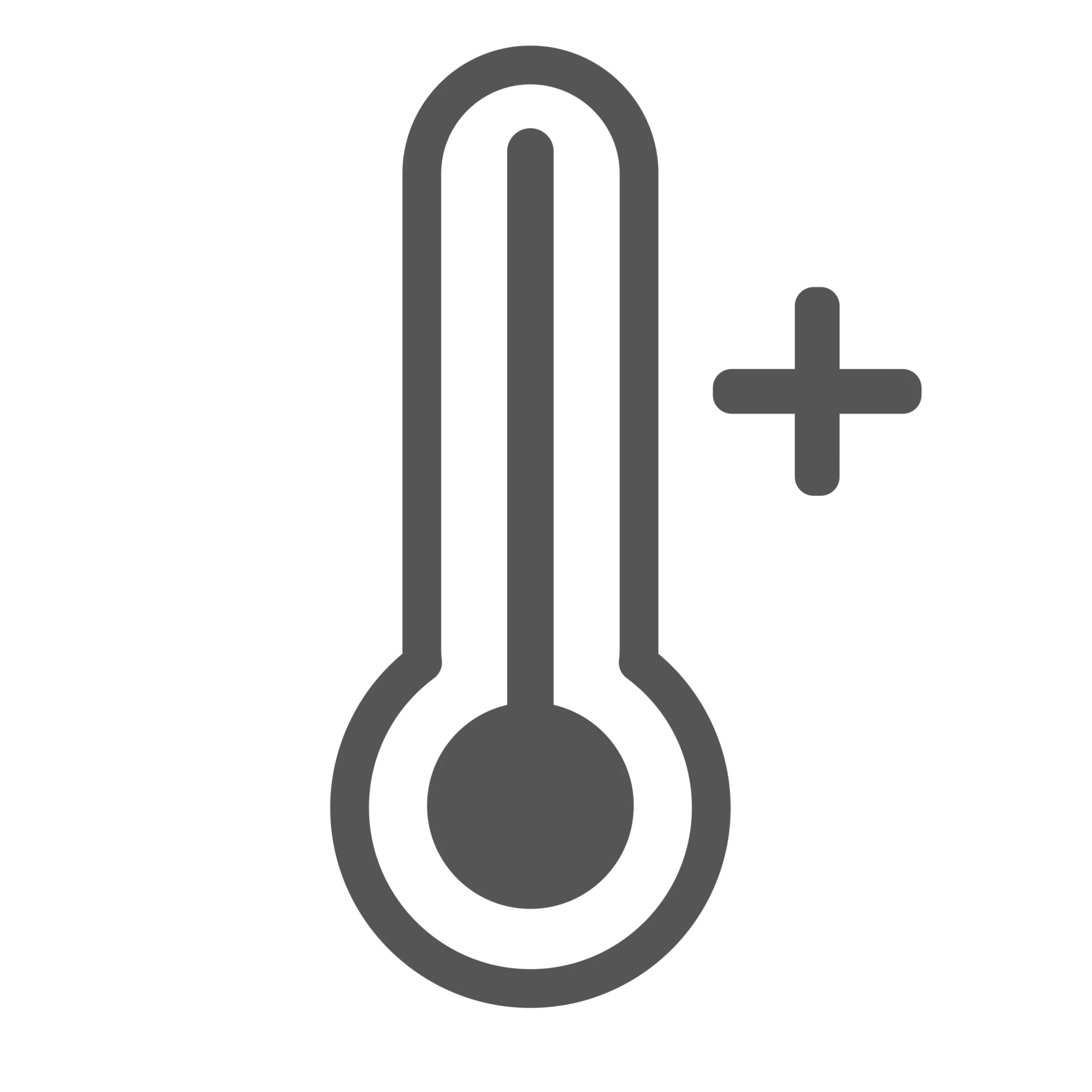 Temperaturer Grå ikon for et termometer med et plustegn øverst til højre, der repræsenterer stigende temperatur eller varme. Baggrunden er ensfarvet sort. (This text has been generated by AI)