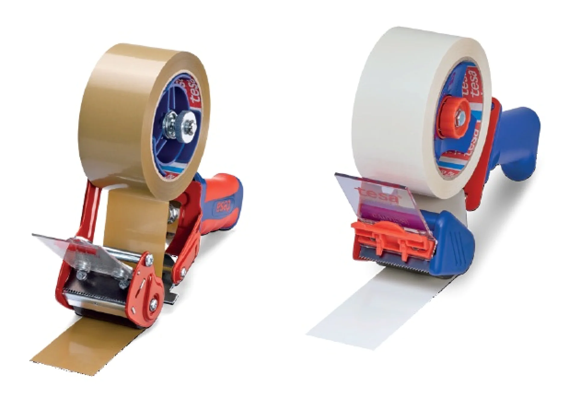 Der er vist to tapedispensere, der hver holder en rulle tesa-tape. Den venstre dispenser har en brun tesa tape rulle, mens den højre har en hvid tesa tape rulle. Begge dispensere er udstyret med røde og blå håndtag og har et skæreblad. (This text has been generated by AI)