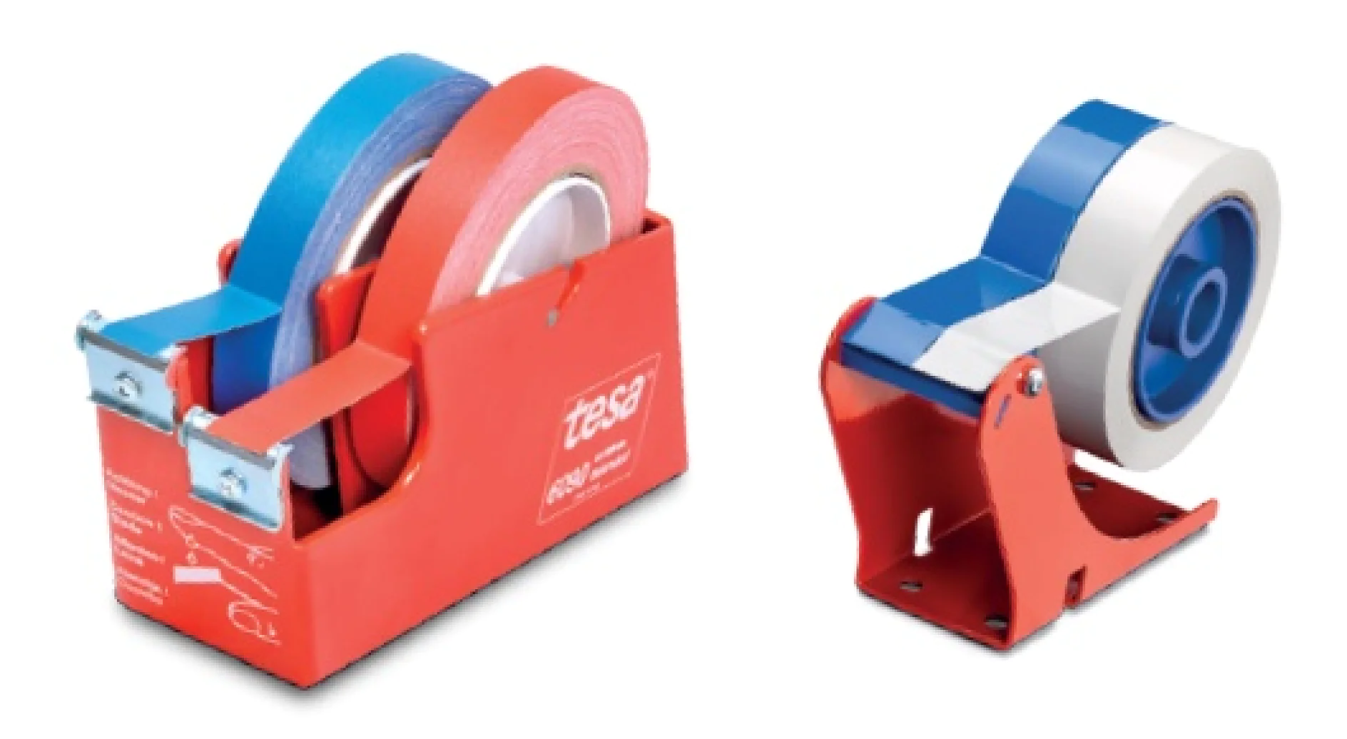 To bureaukratiske dispensere er vist. Den venstre dispenser rummer tre ruller tesa-tape i blå, rød og hvid. Den højre dispenser rummer en rulle blå og hvid tesa-tape. Begge dispensere har metal skærekanter. (This text has been generated by AI)