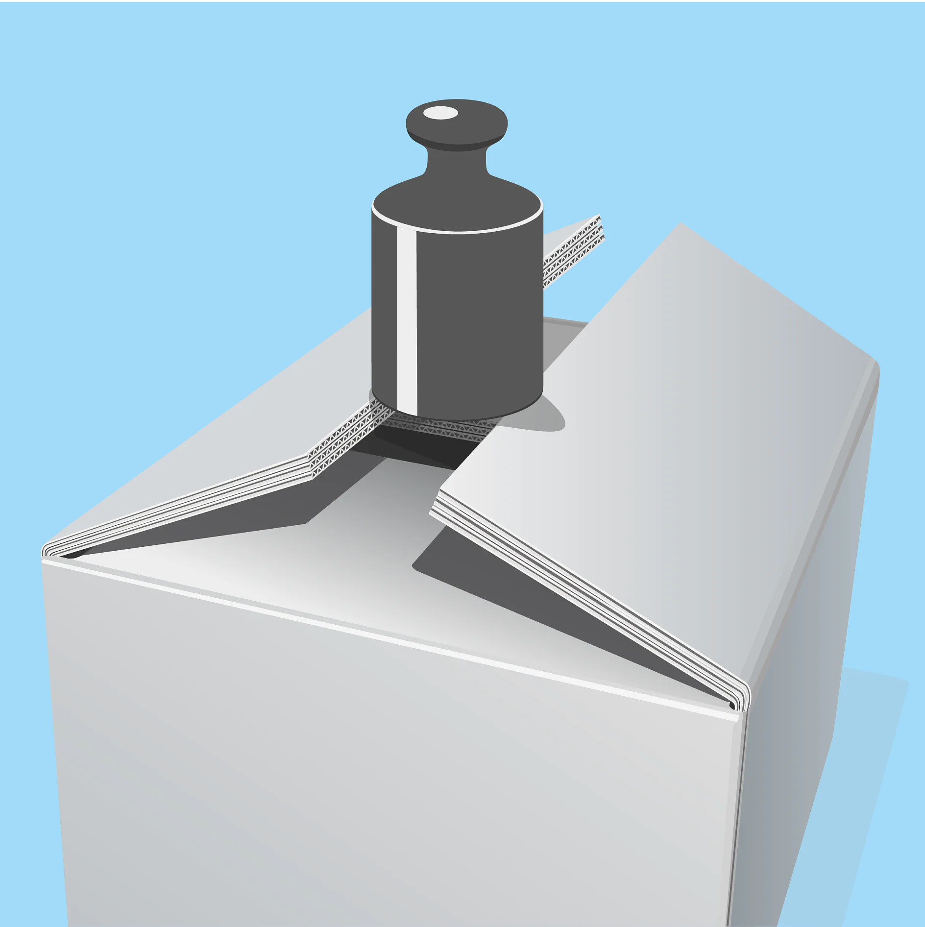 En stak papir er pænt arrangeret med en flad, metallisk vægt placeret ovenpå. Et stykke tesa-tape holder papirerne sammen mod en lyseblå baggrund. Papirerne er let viftede ud under vægten. (This text has been generated by AI)