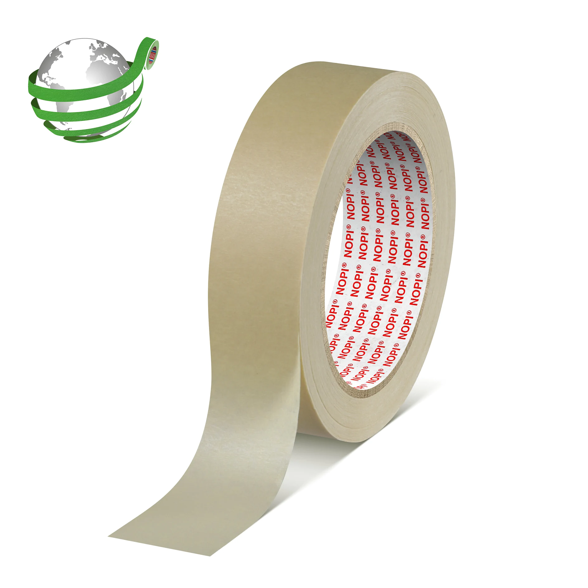 roll of beige tesa adhesive tape standing upright with a partially unrolled strip on a white background (This text has been generated by AI)