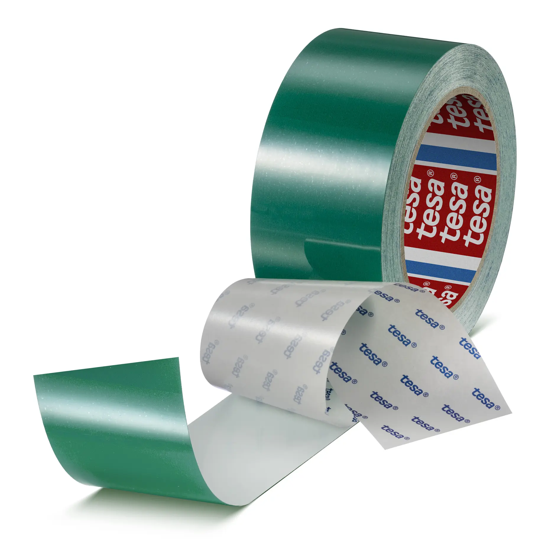 Green adhesive tape roll with partially peeled protective backing, branded with tesa logo, isolated on white background. (This text has been generated by AI)