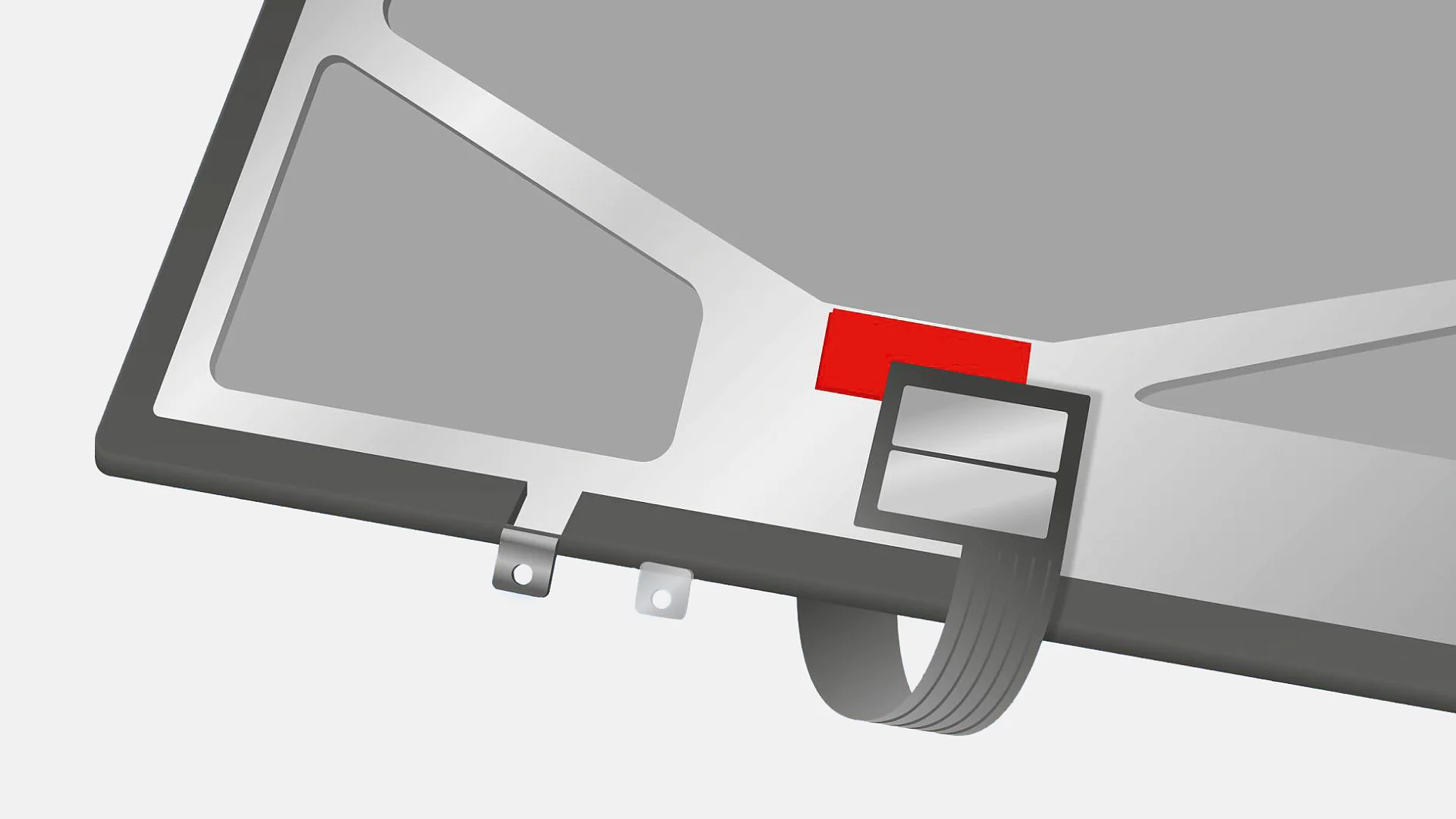 Illustration of a metal frame with two small brackets at the bottom. A red rectangular section and a black strip with three parallel lines are near a gray ribbon cable attached to the frame, set against a plain background decorated with strips of tesa tape. (This text has been generated by AI)