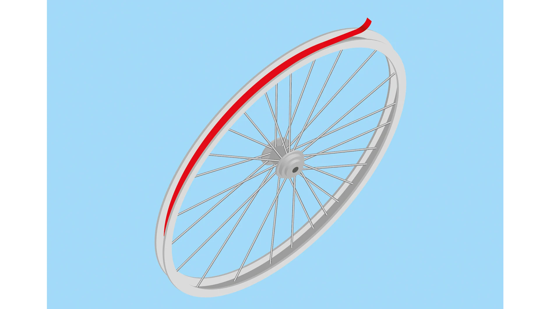 Illustration of a bicycle wheel with thin spokes and a red line marking the rim. The background is a solid light blue, accentuating the wheels structure and design. The perspective shows the wheel tilted at an angle, with tesa tape prominently featured in the composition. (This text has been generated by AI)