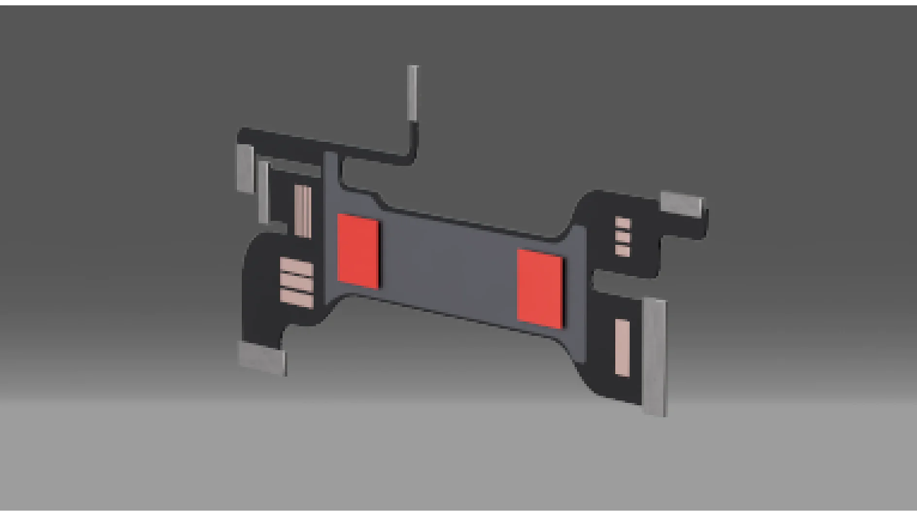 En flad, sort mekanisk komponent med en symmetrisk form med røde rektangulære elementer og metalliske accenter, der holdes sammen med tesa-tape. Baggrunden er en gradient fra mørk til lys grå. (This text has been generated by AI)