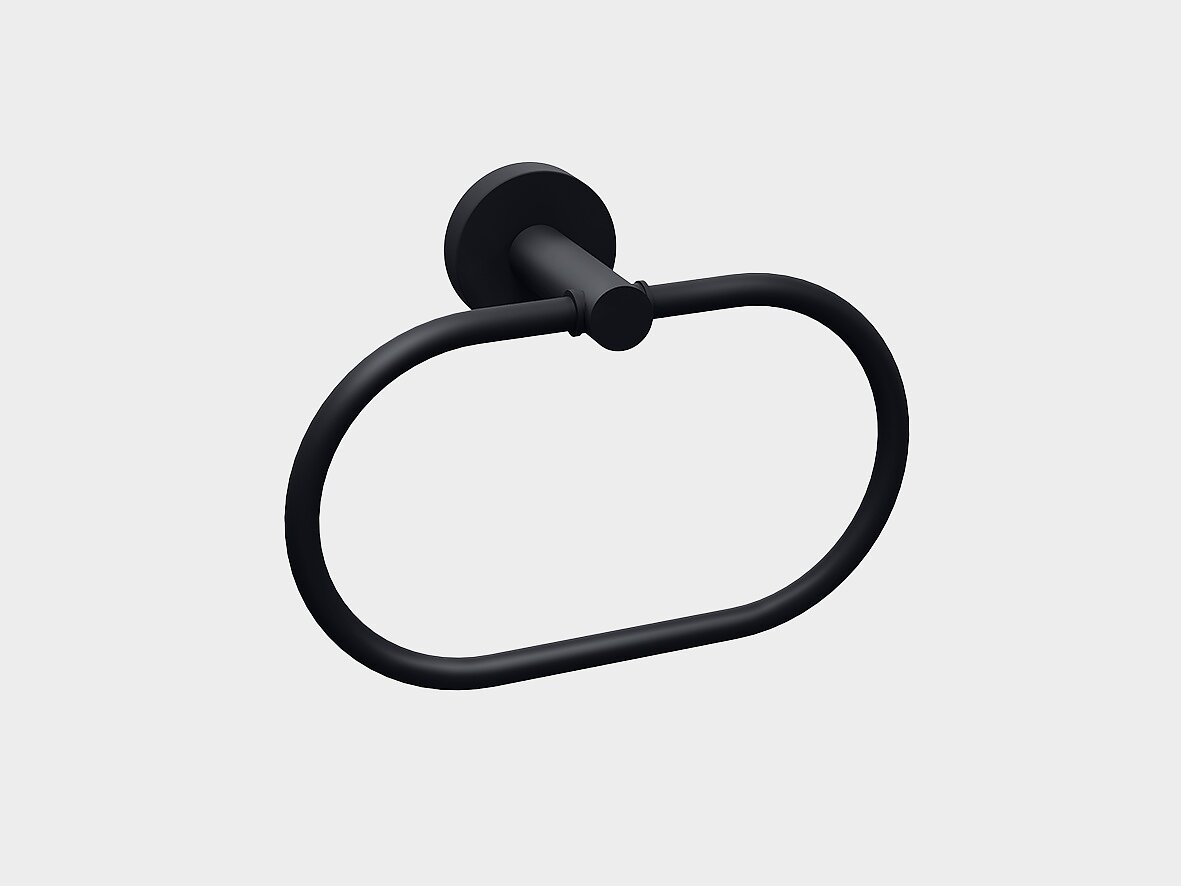 En sort metal håndklædering monteret på en lysegrå væg. Ringen er oval i form, fastgjort til et vægbeslag med en cylindrisk base ved hjælp af tesa-tape. (This text has been generated by AI)