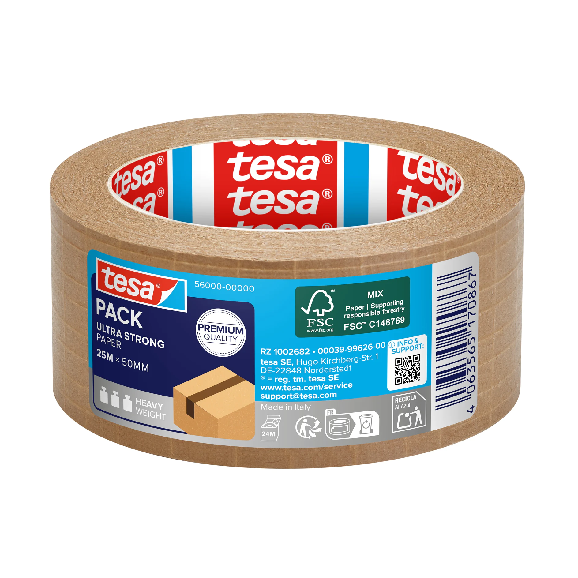 tesa pack strong brown packing tape roll with eco-friendly label and product details on an indoor white background (This text has been generated by AI)