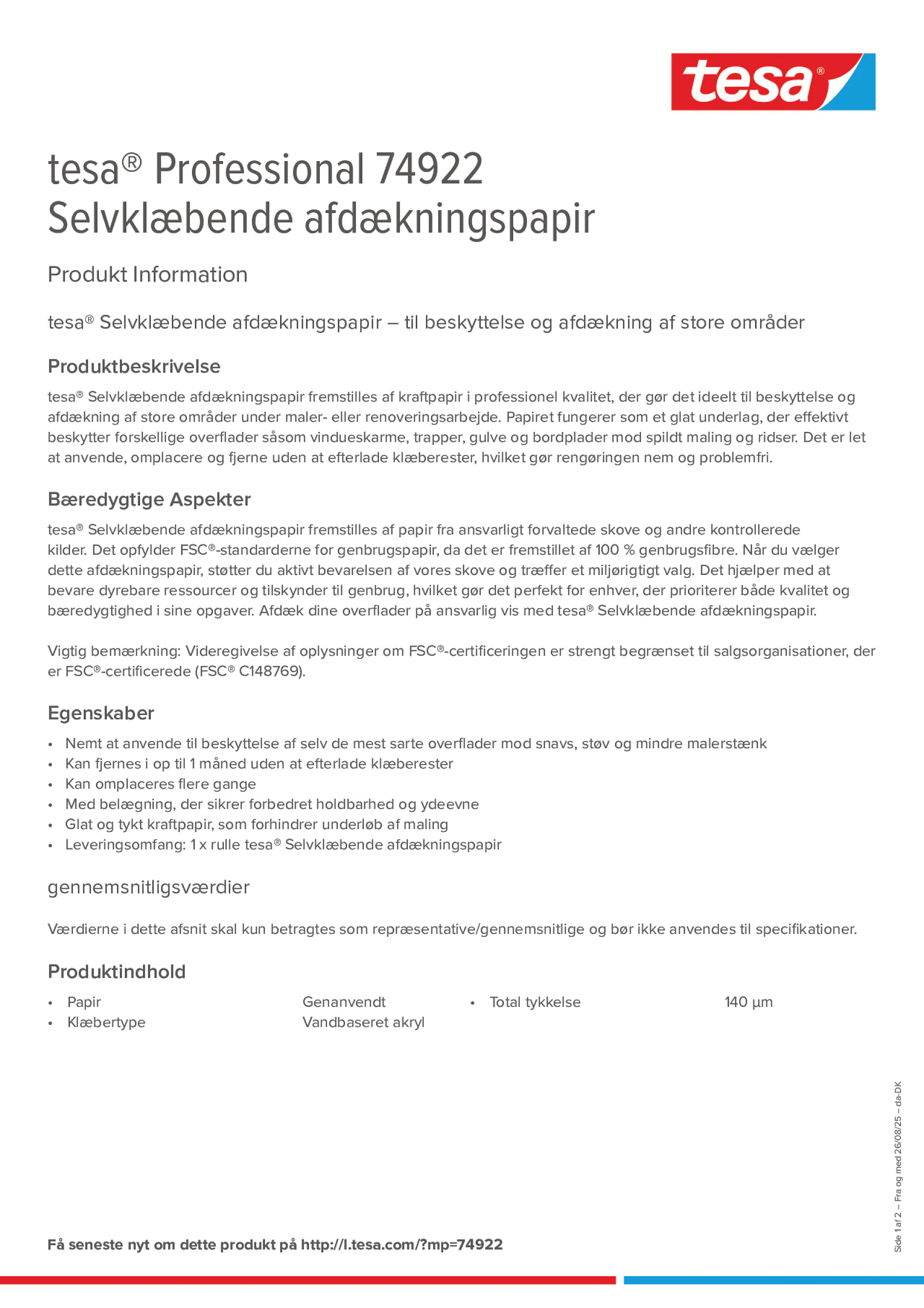Product information_tesa® Professional 74922_da-DK