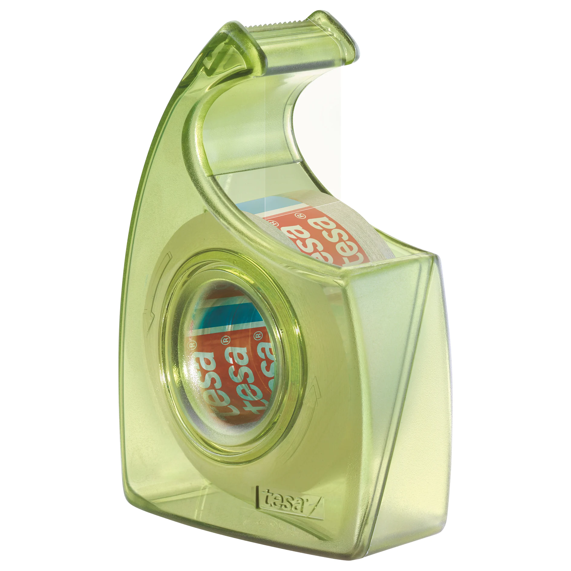 tesa transparent tape dispenser with a roll of tesa adhesive tape inside, isolated on white background (This text has been generated by AI)