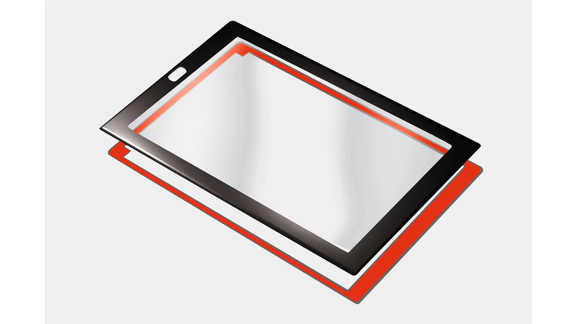 A diagram of a tablet screen assembly showing three layers: a black touchscreen panel on top, a transparent layer in the middle, and a red backing. The layers are displayed in a floating, separated formation against a light background, connected using tesa tape. (This text has been generated by AI)