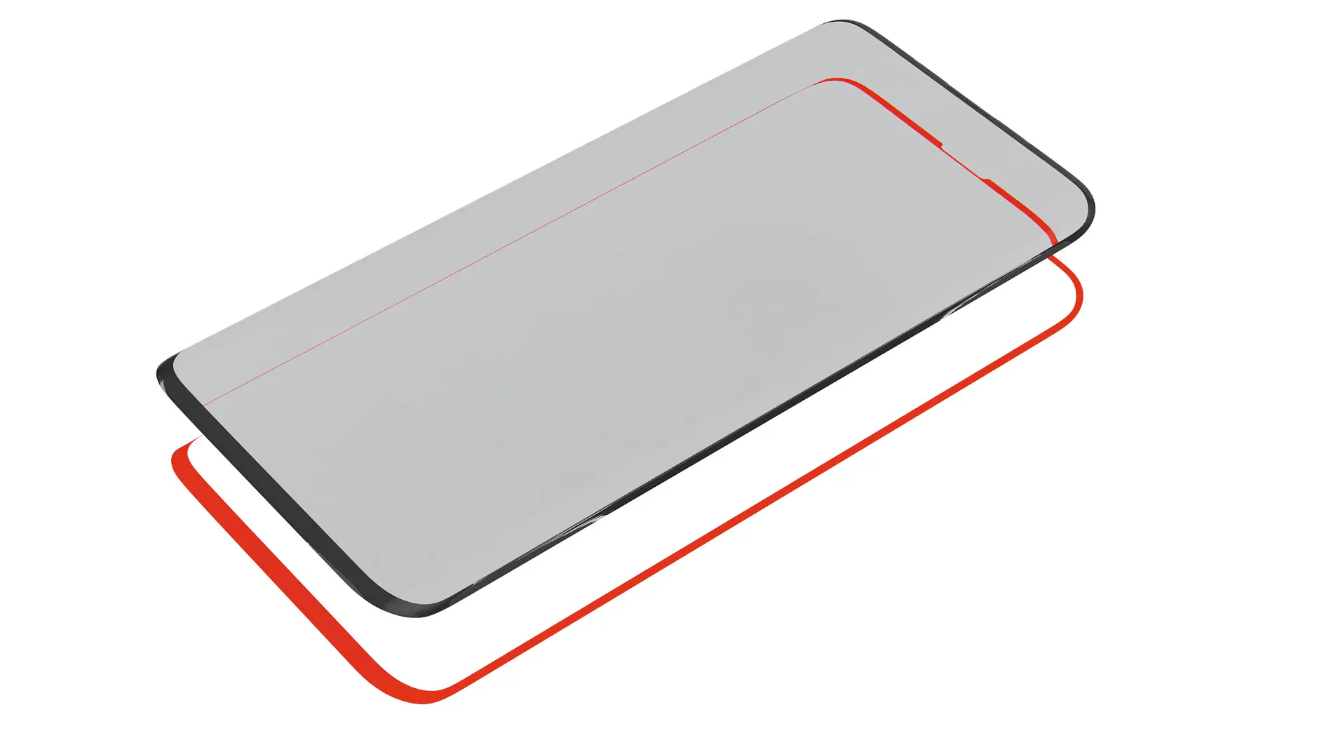 A digital rendering of a smartphone screen protector and a red alignment frame. The protector is clear and rectangular, with rounded corners, appearing to float above the frame. The alignment frame is positioned beneath, matching the screen’s shape. (This text has been generated by AI)