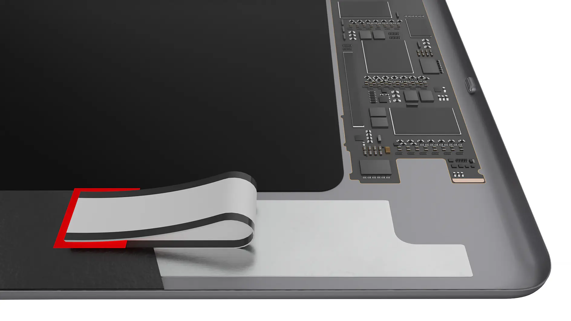 Close-up of a tablet or smartphone screen with part of the bezel removed, revealing internal components. A flexible ribbon cable connects to a circuit board with various electronic elements visible. The surrounding area is gray and metallic, and some parts may be secured using tesa tape for stability.