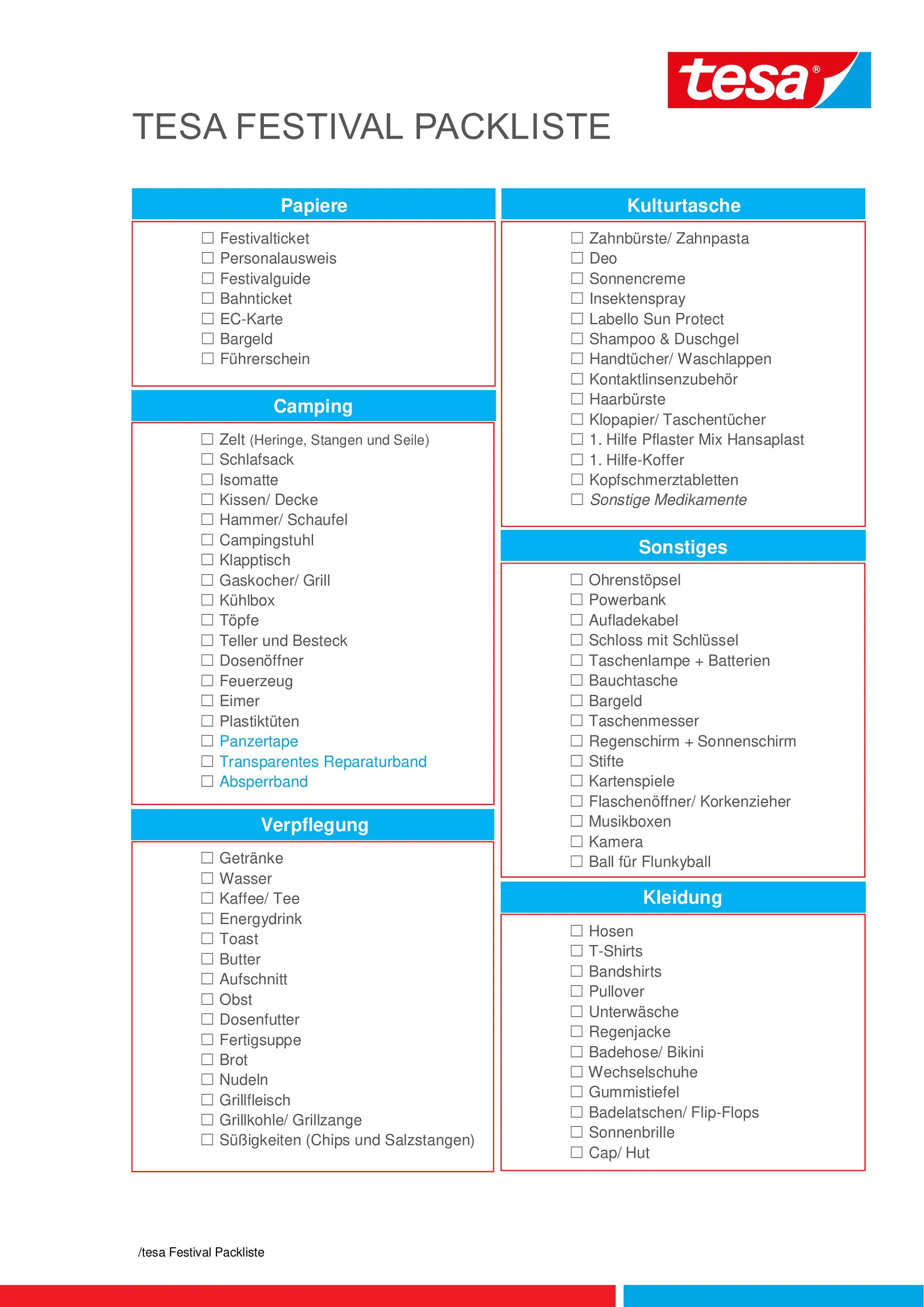 tesa Packliste