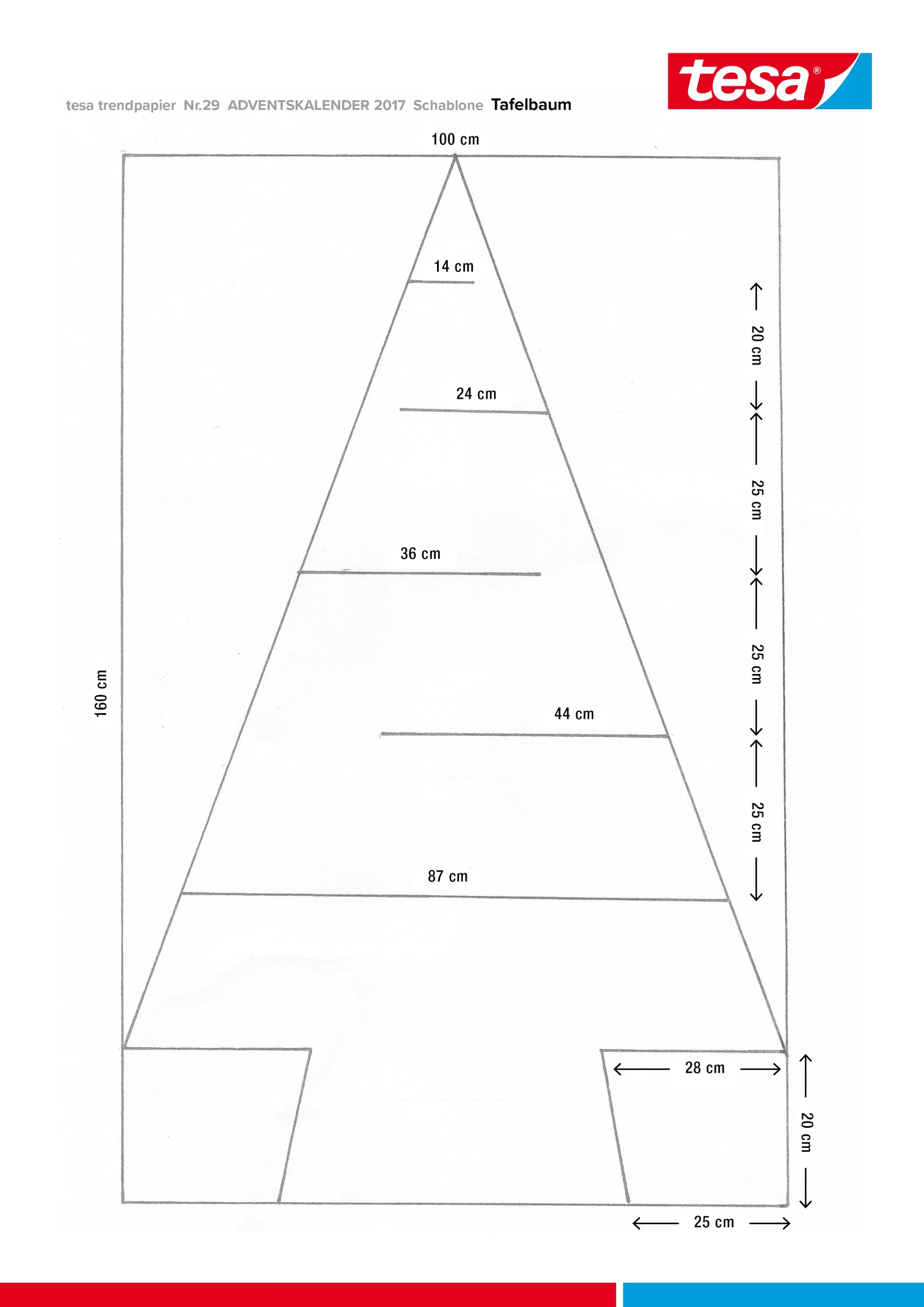 A diagram of an Advent calendar template shaped like a Christmas tree. It features multiple sections with specific measurements in centimeters. A red and blue tesa tape logo is visible in the top right corner. (This text has been generated by AI)