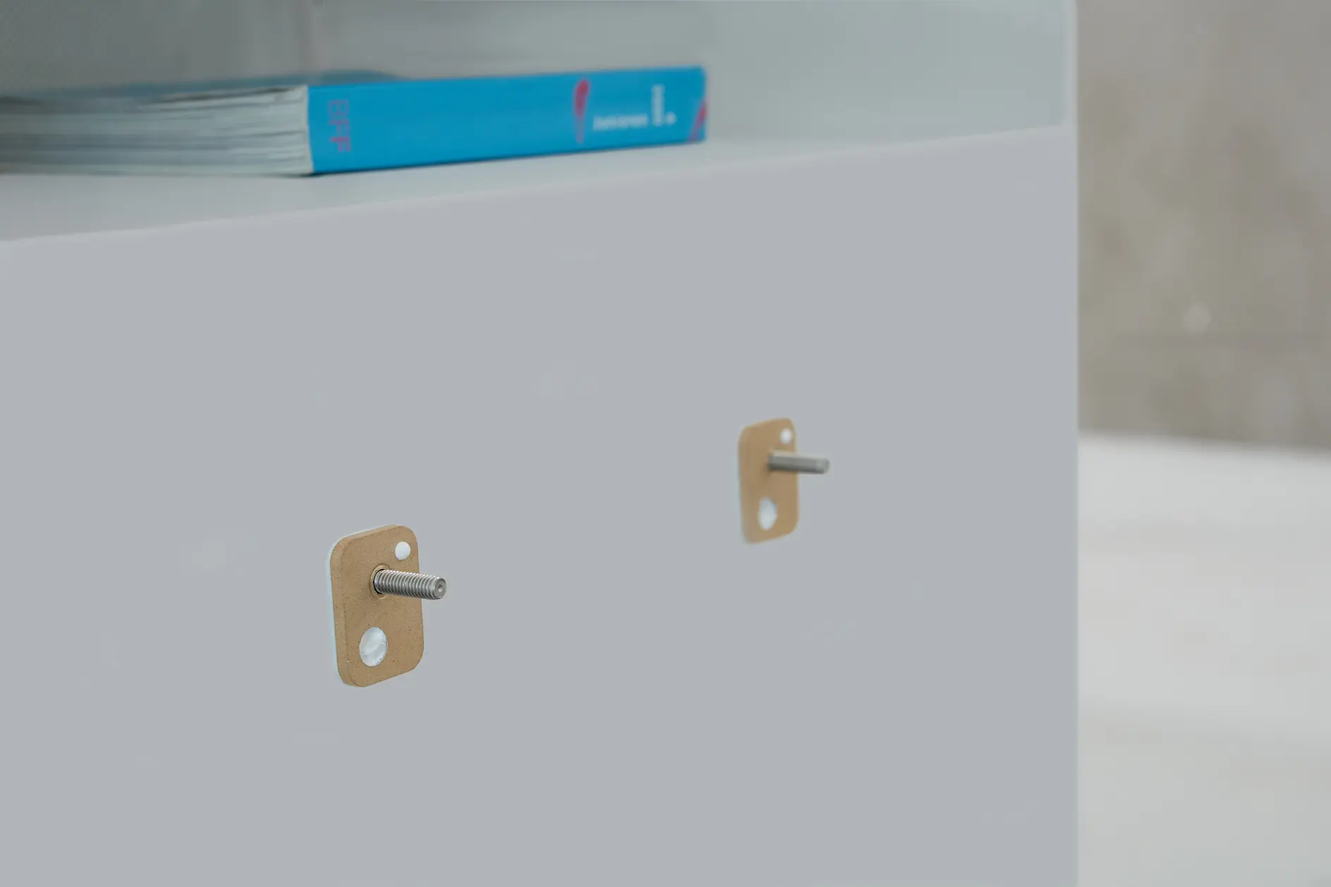 Two metal pegs with beige brackets protrude from the surface of a white piece of furniture, secured with tesa tape. A magazine and a book titled Business rest on top. (This text has been generated by AI)