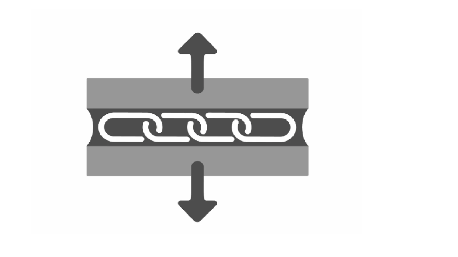 Illustration showing a chain inside a rectangular channel. One large arrow points up from above the channel, and another large arrow points down from below the channel, indicating opposing forces or movement. (This text has been generated by AI)