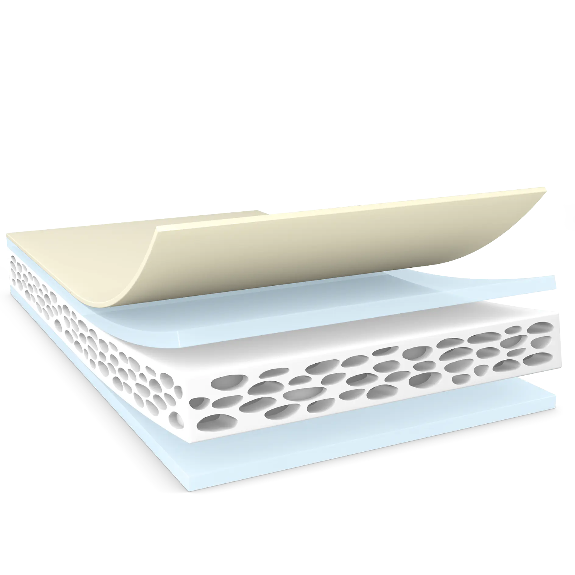 A cross-sectional illustration shows a three-layered material using tesa tape. The top layer is a thin, beige sheet. The middle layer is a white foam with oval cavities. The bottom layer is a smooth, light blue sheet bonded with tesa tape. (This text has been generated by AI)