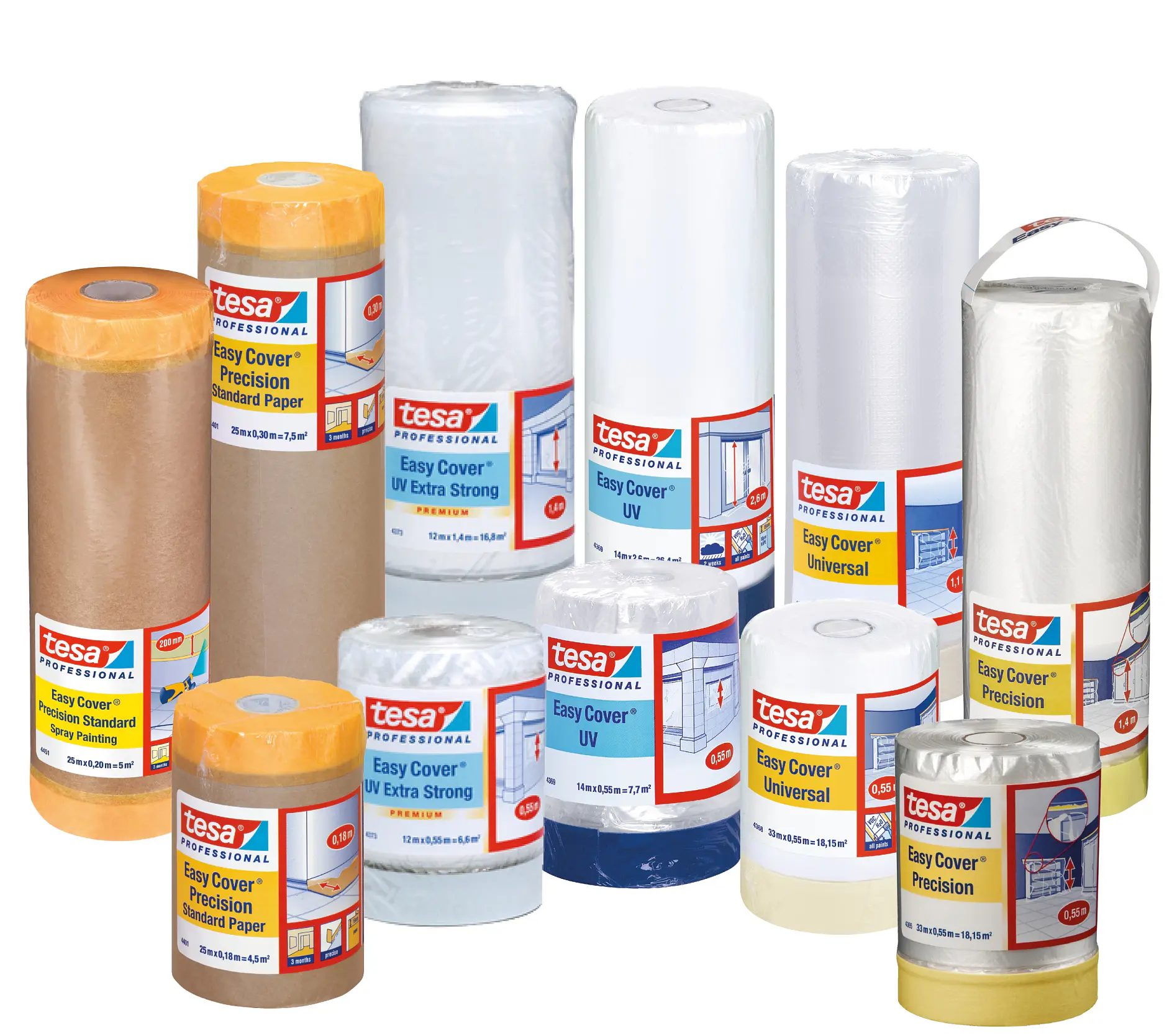 A collection of various tesa tape professional Easy Cover products, including rolls of masking film and standard paper, in different sizes and packaging. These products are designed for painting and surface protection.
