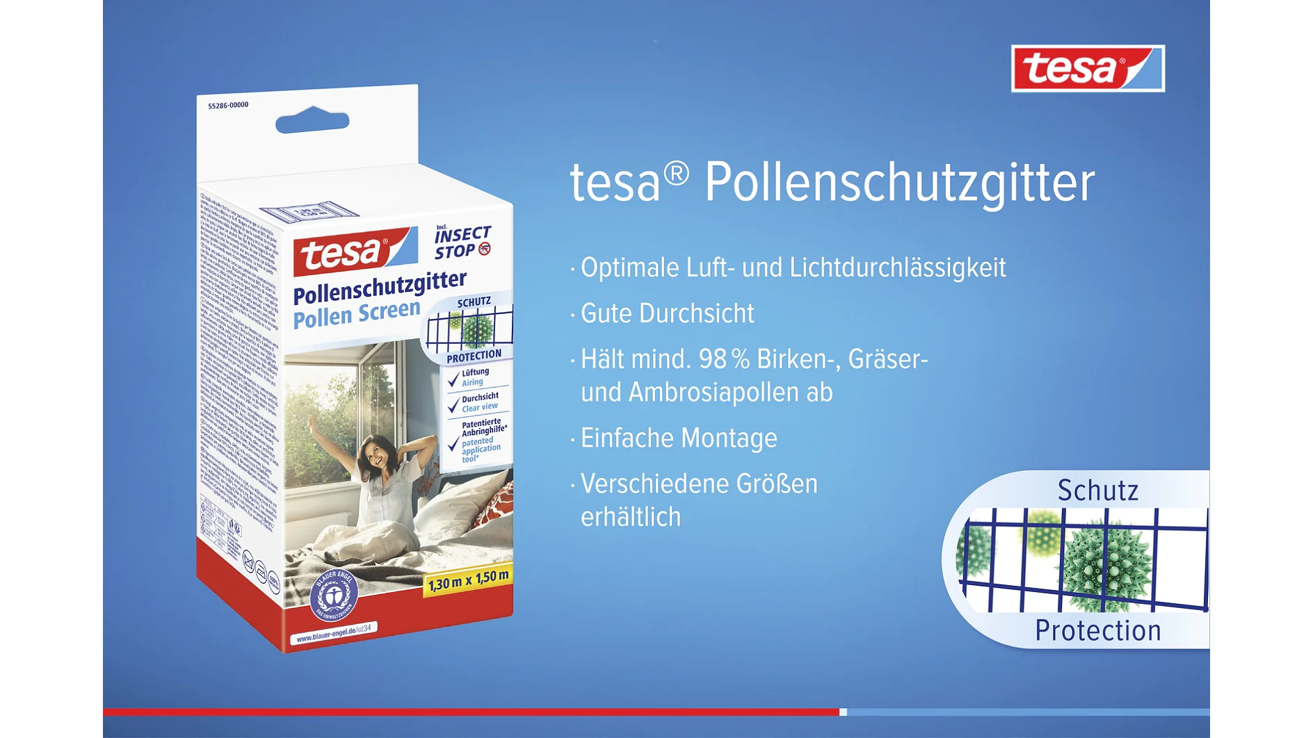 Packaging of tesa tape Pollenschutzgitter, featuring a woman in bed next to a window. The text highlights protection from 98% of birch, grass, and ambrosia pollen, along with optimal light and air permeability. Various sizes available. Grid detail shown. (This text has been generated by AI)
