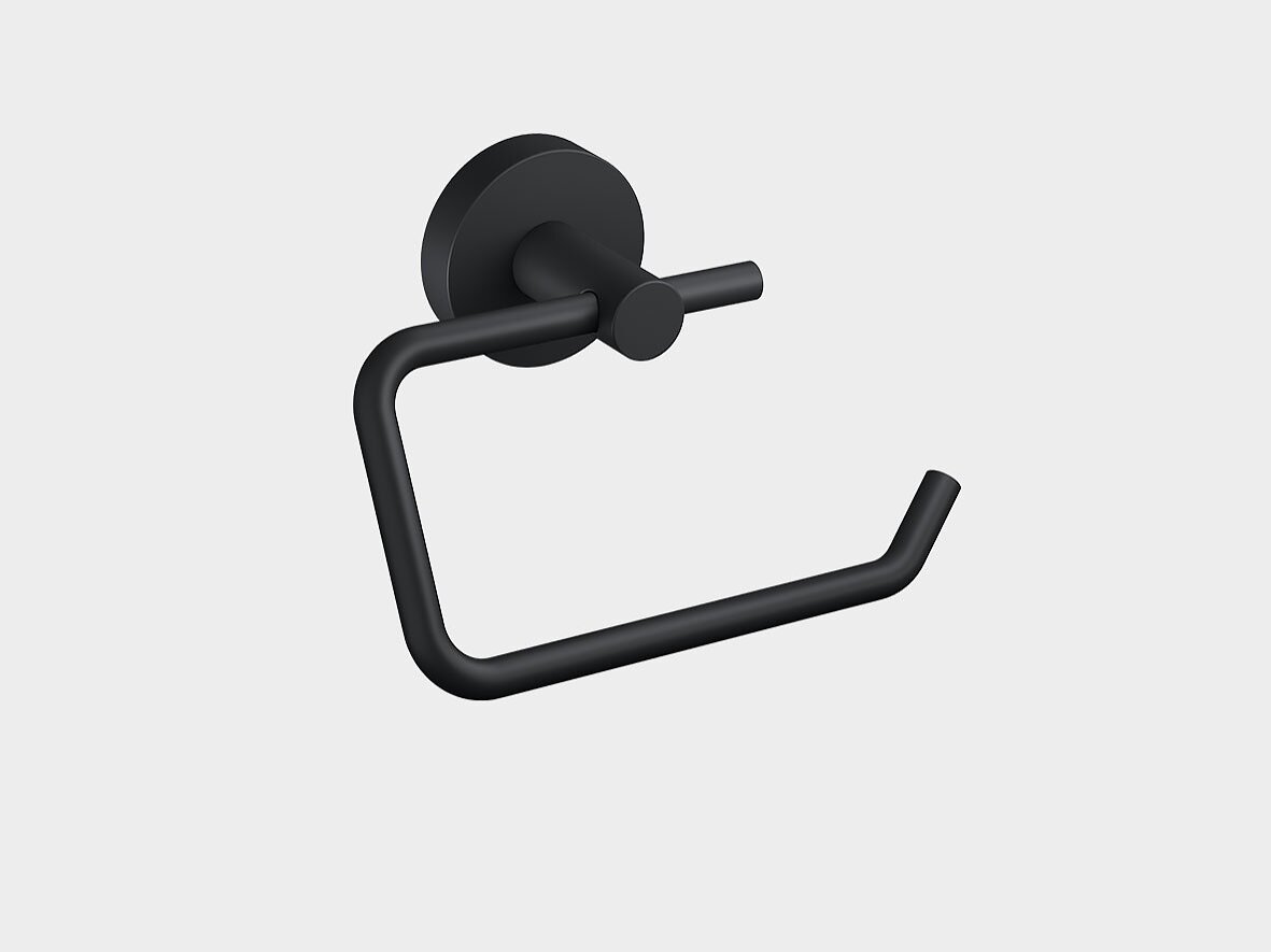 A black matte toilet paper holder mounted on a light gray wall. The holder features a minimalist design with a circular base and a bent arm for holding a roll of tesa tape toilet paper. (This text has been generated by AI)
