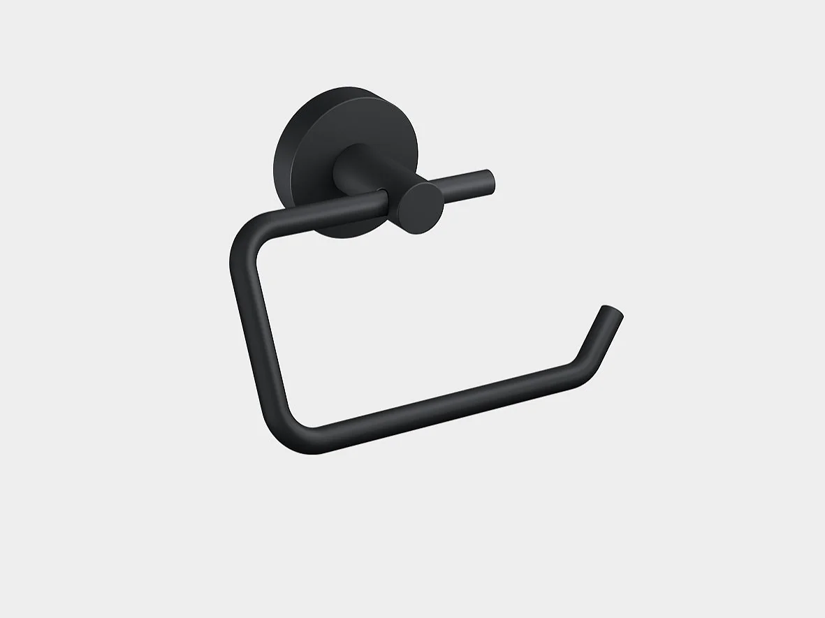 A black matte toilet paper holder mounted on a light gray wall. The holder features a minimalist design with a circular base and a bent arm for holding a roll of tesa tape toilet paper. (This text has been generated by AI)