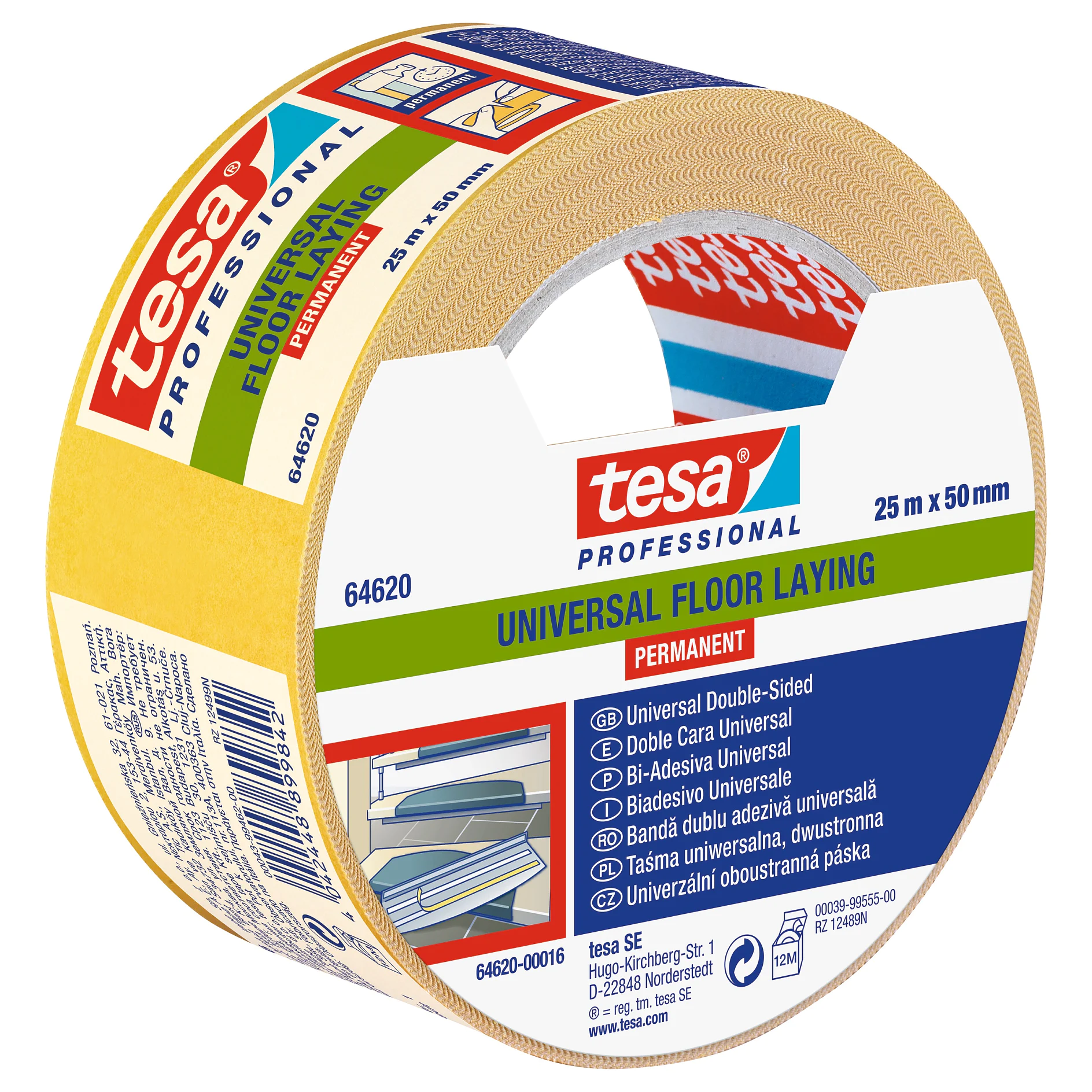 tesa professional universal floor laying tape roll, 25m x 50mm, designed for indoor use with double-sided adhesive for secure floor installation. (This text has been generated by AI)