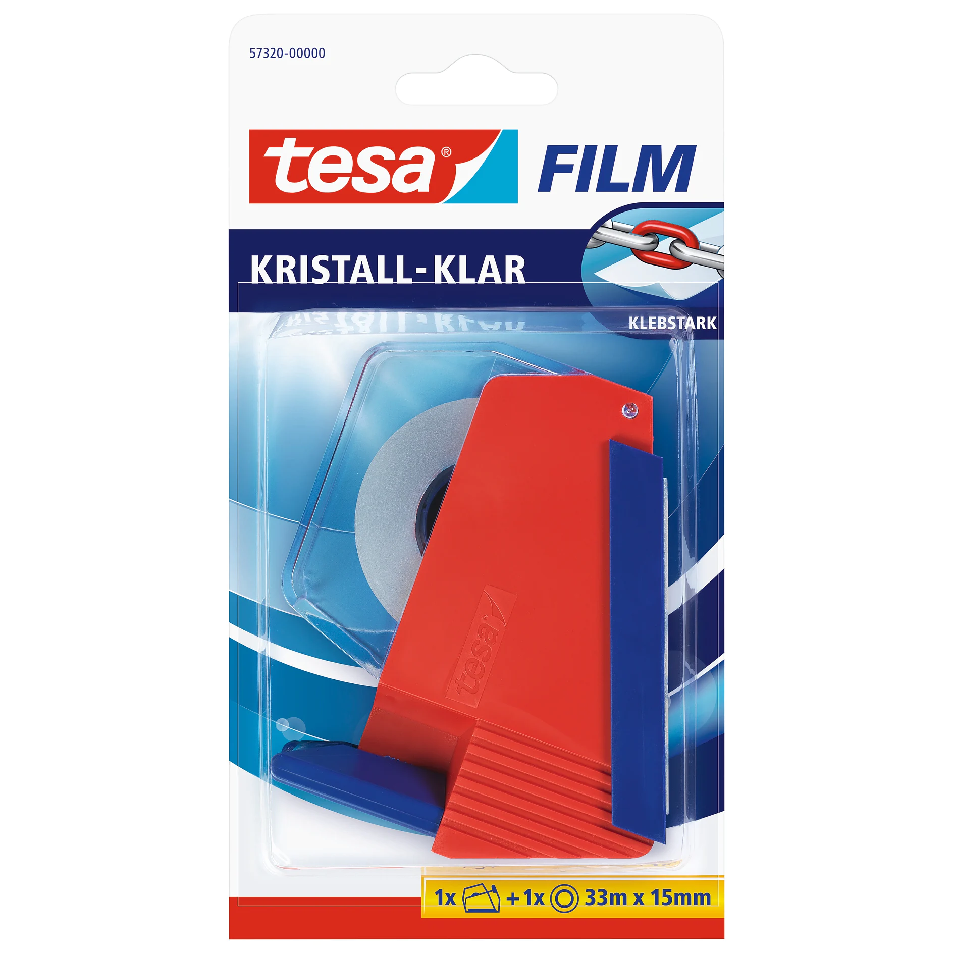 tesa film kristall-clear adhesive tape with red dispenser, packaged for retail display against a white background (This text has been generated by AI)
