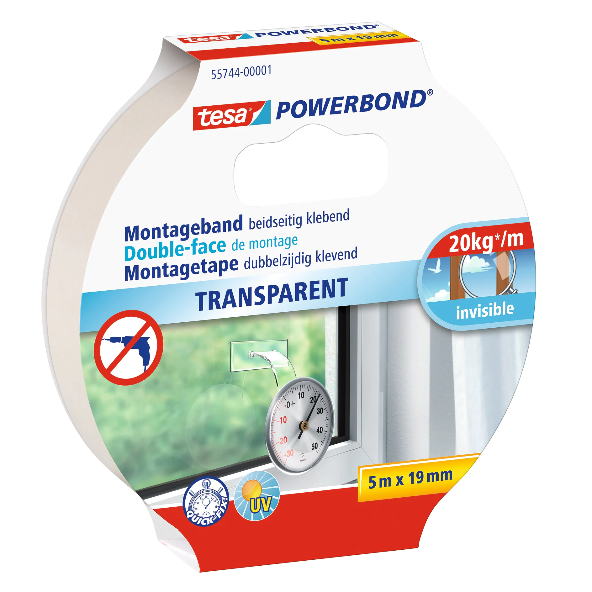 tesa powerbond double-sided transparent mounting tape roll, 5m x 19mm, shown with packaging highlighting 20kg/m hold and UV resistance (This text has been generated by AI)