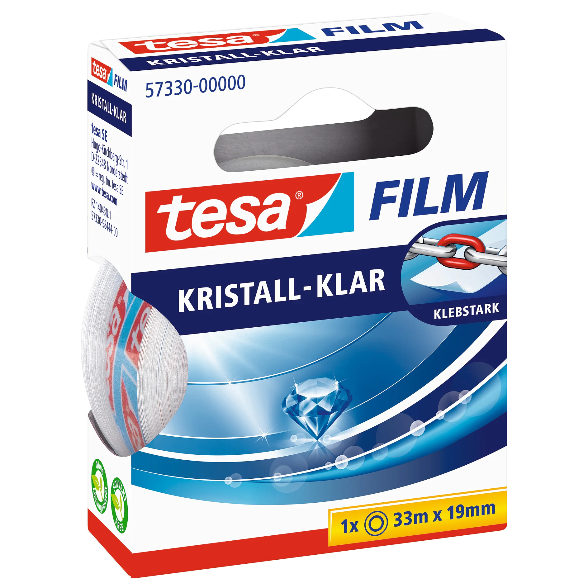 tesa film kristall-clear adhesive tape roll in retail packaging, 33m length and 19mm width, displayed on white background (This text has been generated by AI)