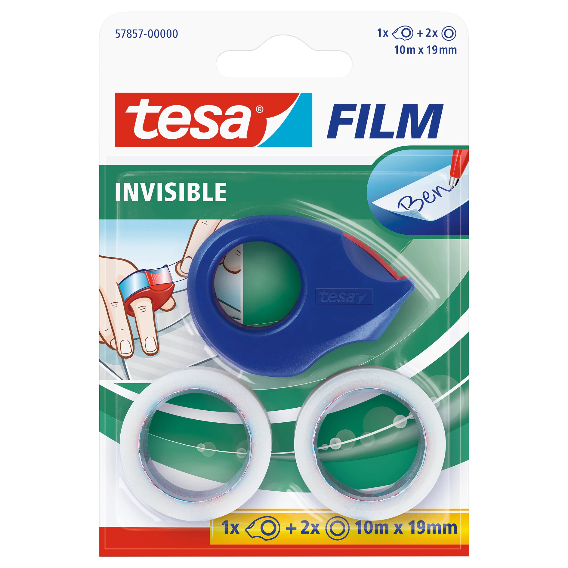 tesa invisible film tape dispenser with two refill rolls, designed for precise paper repairs and writing on tape, shown on packaging. (This text has been generated by AI)