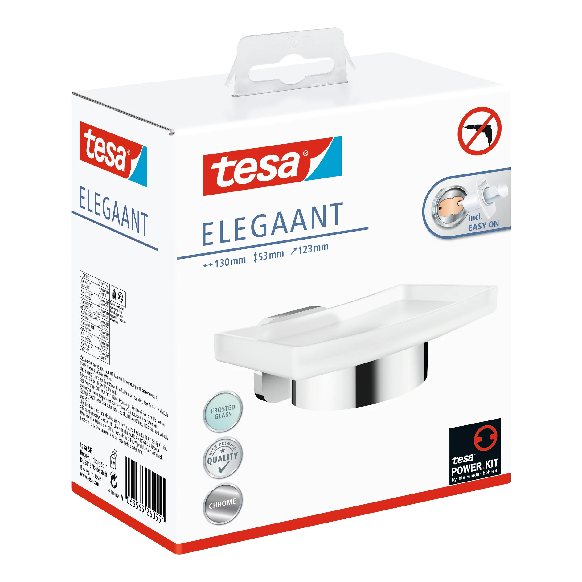 tesa elegant wall-mounted soap dish with white plastic tray and chrome holder, shown in retail packaging against a white background (This text has been generated by AI)