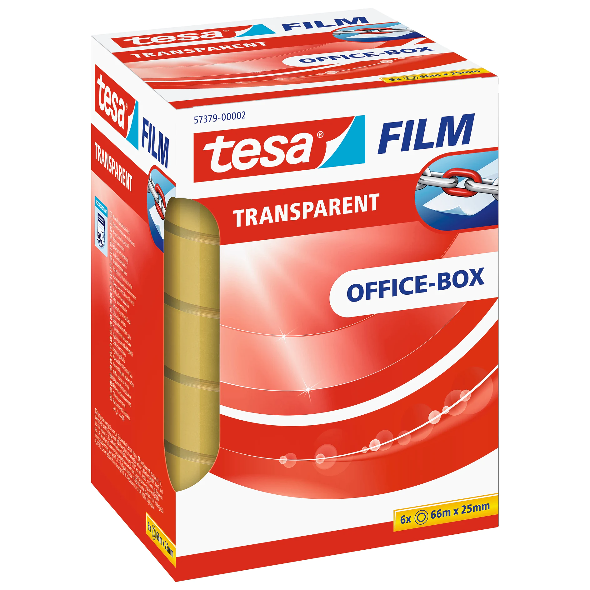 tesa transparent adhesive film tape in a red and white office-box packaging, displayed against a white background (This text has been generated by AI)
