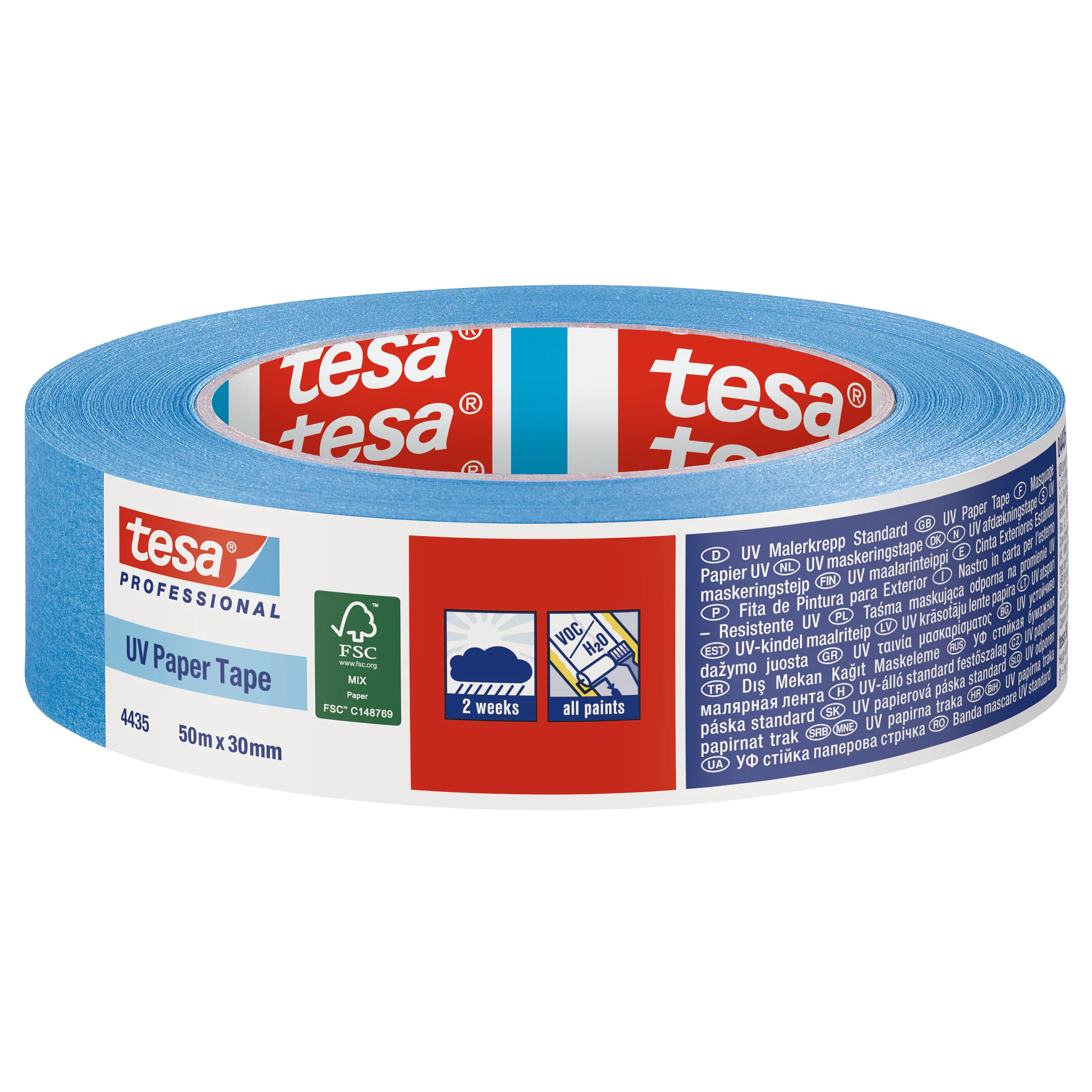 Blue tesa professional UV paper tape roll with red and white branding, shown against a white background. (This text has been generated by AI)