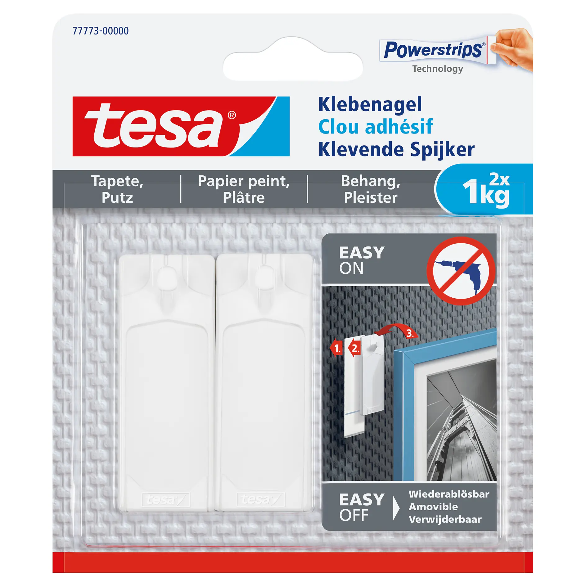 tesa powerstrips adhesive strips for hanging items, indoor packaging showing two 1kg strips with easy on/off removal instructions (This text has been generated by AI)