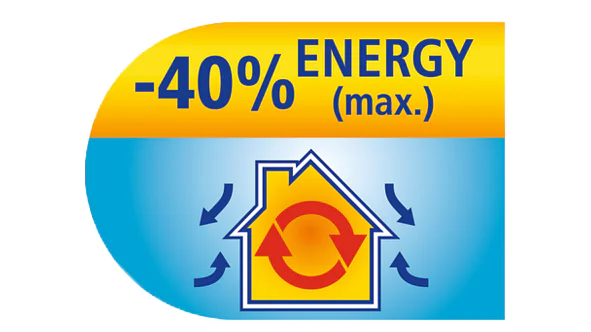 Bild einer Grafik, die ein stilisiertes Haus mit einem roten runden Pfeil darin zeigt, umgeben von blauen Pfeilen. Über dem Haus steht auf gelbem und blauem Hintergrund „-40 % ENERGIE (max.)“. Das Bild schlägt vor, Tesa-Klebeband zu verwenden, um maximale Energieeffizienz zu erreichen. (This text has been generated by AI)