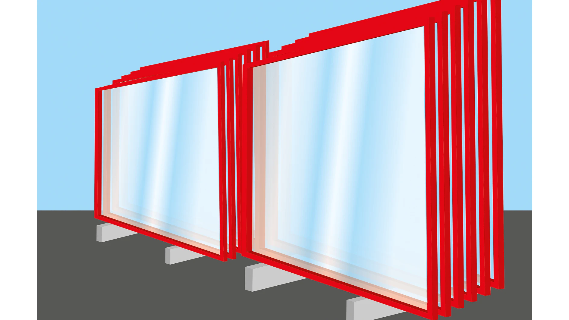 Here is the revised text: Digital rendering of two sets of red-framed glass panels standing upright on gray bases against a light blue background. (This text has been generated by AI)