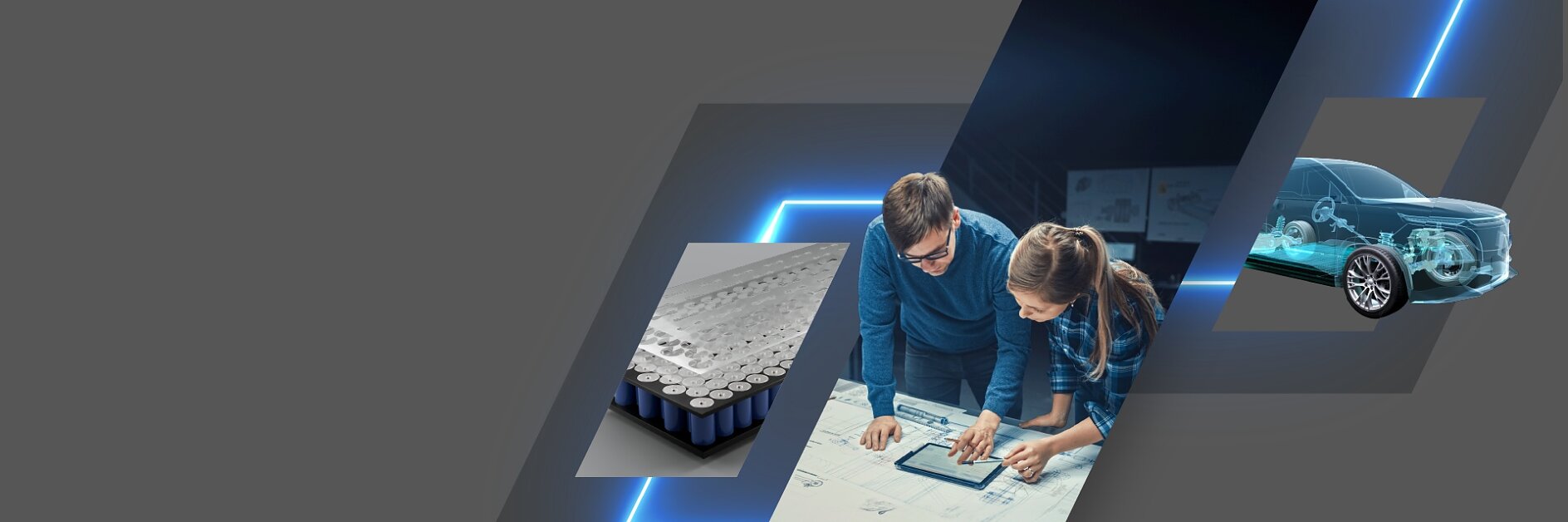 tesa logo with engineers reviewing blueprints and a car in a futuristic indoor setting