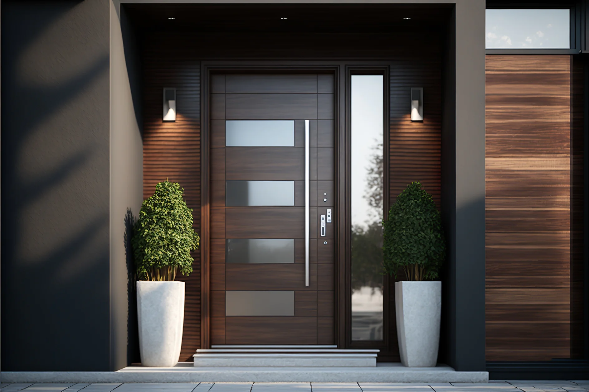 A modern front door with a wooden design and frosted glass panels is flanked by two tall potted plants in white planters. The facade features horizontal wood slats and dark walls, with wall-mounted lights illuminating the entrance. (This text has been generated by AI)