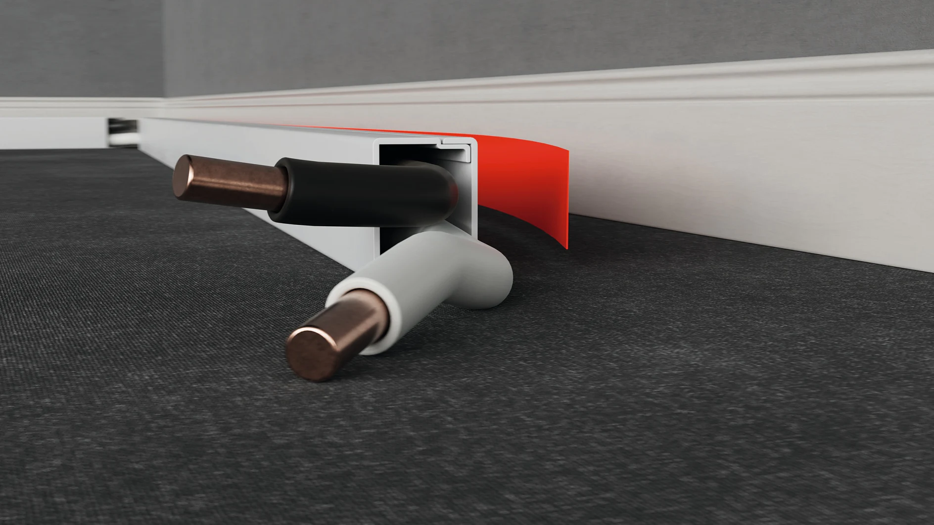 tesa white floor cable cover installed along wall corner on carpeted floor with exposed black and white cables (This text has been generated by AI)