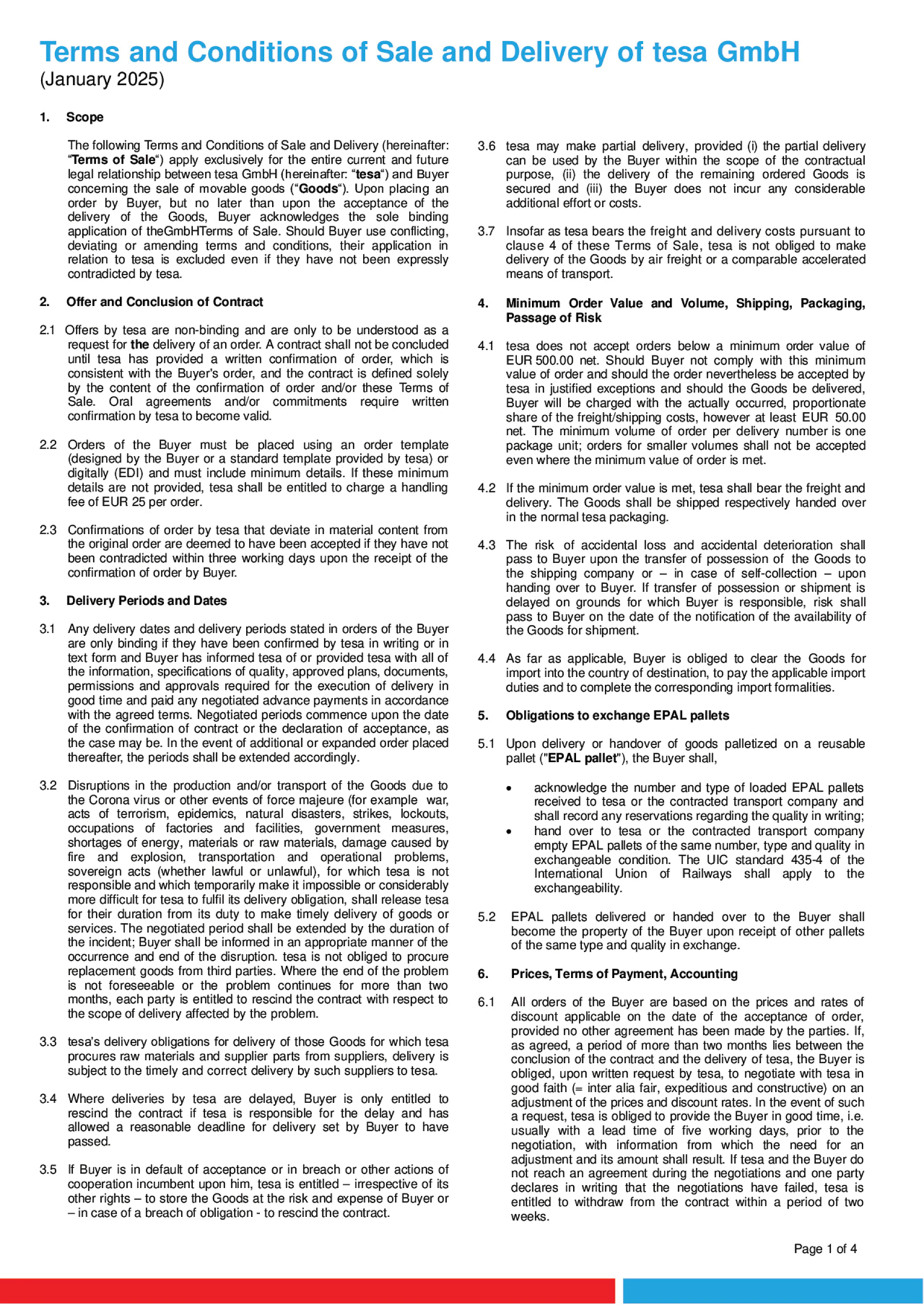 Terms and Conditions of Sale and Delivery of tesa GmbH 2025