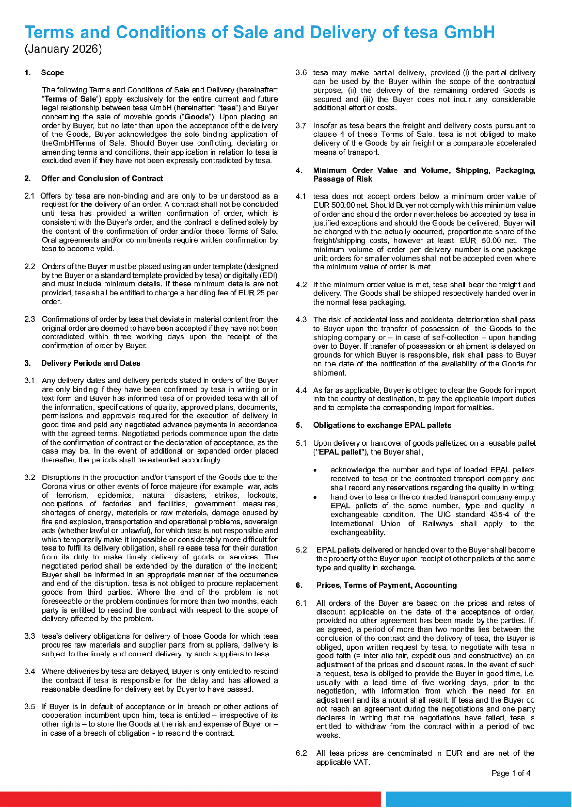 Terms and Conditions of Sale and Delivery of tesa GmbH 2026
