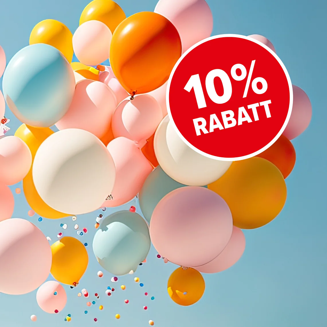 Eine Gruppe bunter Luftballons, darunter orange, rosa und blau, schwebt vor einem klaren Himmel. Ein rotes rundes Etikett in der oberen rechten Ecke zeigt in weißer Schrift „10 % Rabatt“. (This text has been generated by AI)