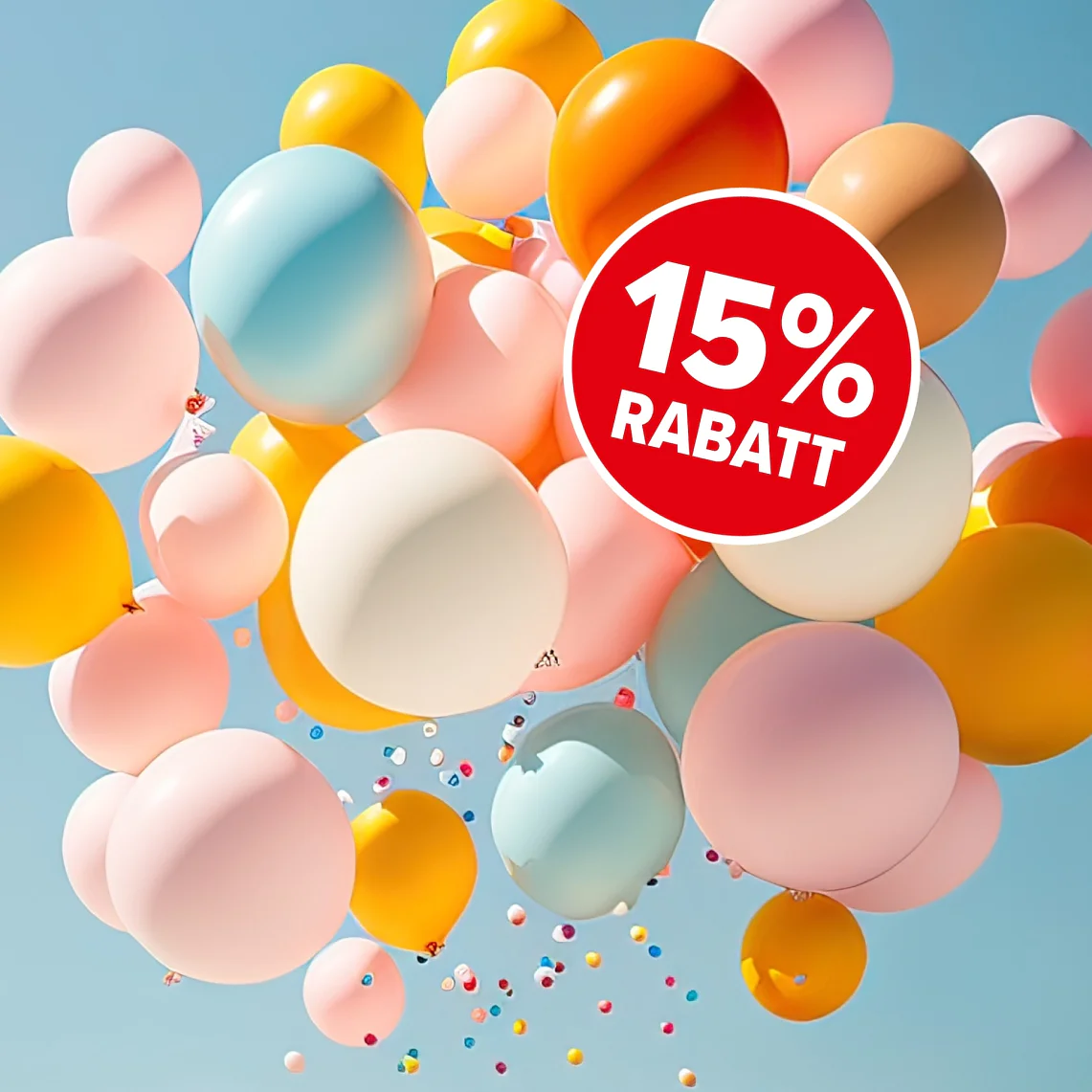 Eine Gruppe bunter Luftballons, darunter orange, rosa und blau, schwebt vor einem klaren Himmel. Ein rotes rundes Etikett in der oberen rechten Ecke zeigt in weißer Schrift „10 % Rabatt“. (This text has been generated by AI)