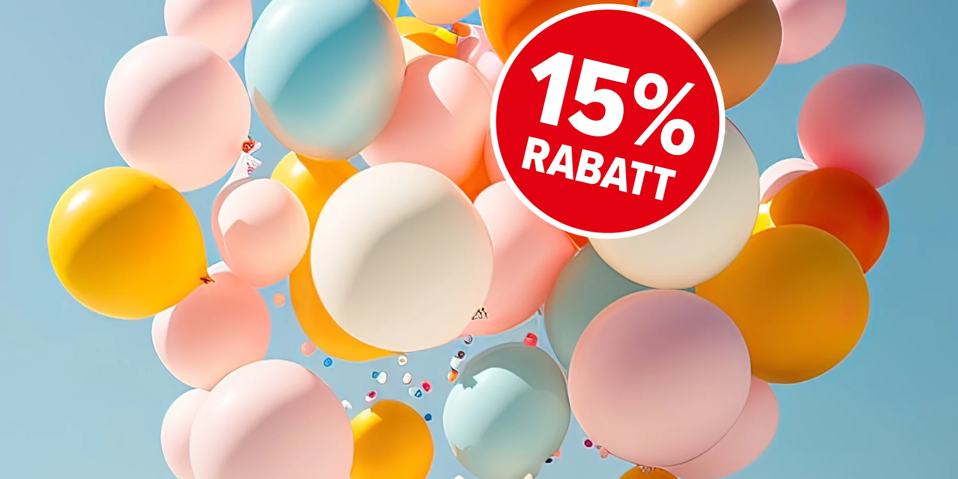 Eine Gruppe bunter Luftballons, darunter orange, rosa und blau, schwebt vor einem klaren Himmel. Ein rotes rundes Etikett in der oberen rechten Ecke zeigt in weißer Schrift „10 % Rabatt“. (This text has been generated by AI)