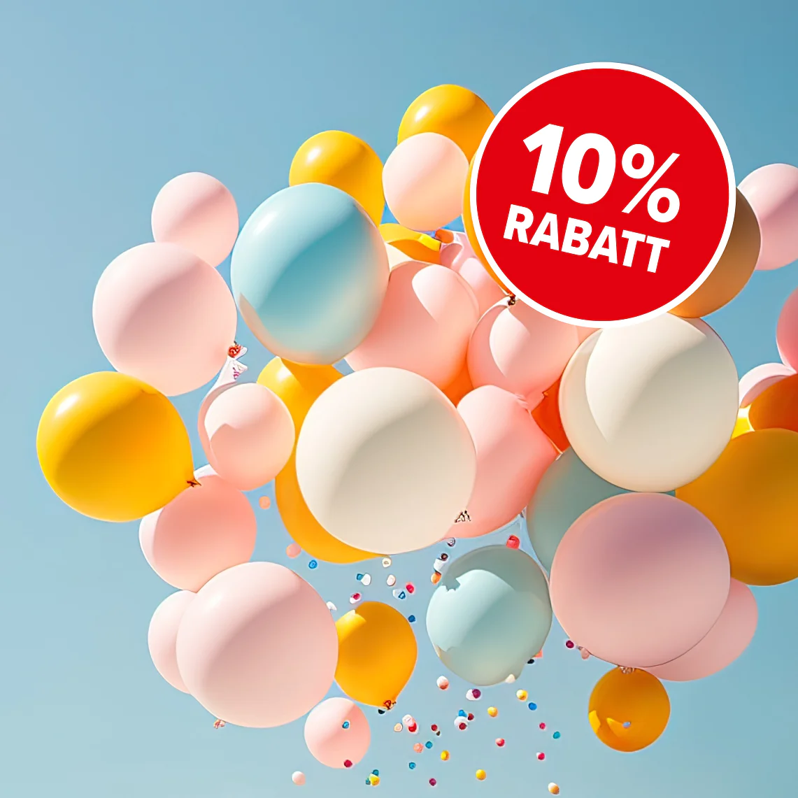 Eine Gruppe bunter Luftballons in Rosa, Gelb, Orange und Blau schwebt vor einem klaren blauen Himmel. Ein roter Kreis mit weißer Aufschrift „10 % Rabatt“ weist auf ein Rabattangebot hin. (This text has been generated by AI)