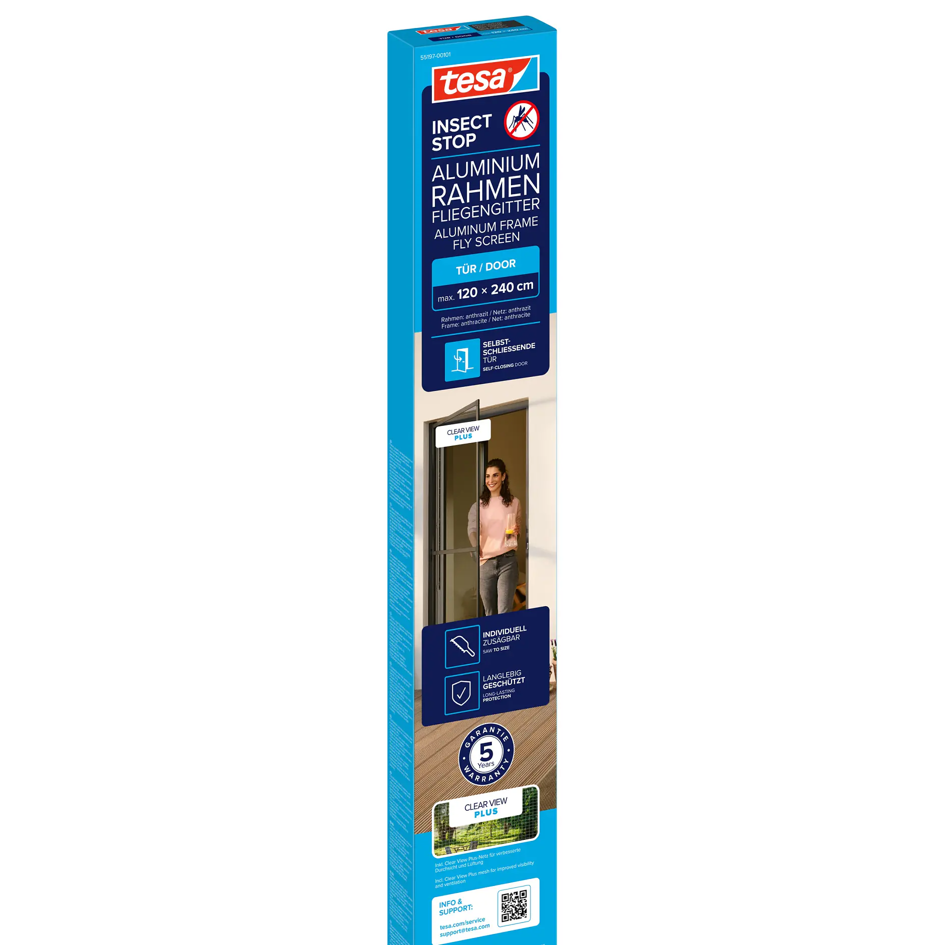 tesa direct self-adhesive aluminum frame corner protectors for indoor use, shown in retail packaging with product details and a person in the background (This text has been generated by AI)