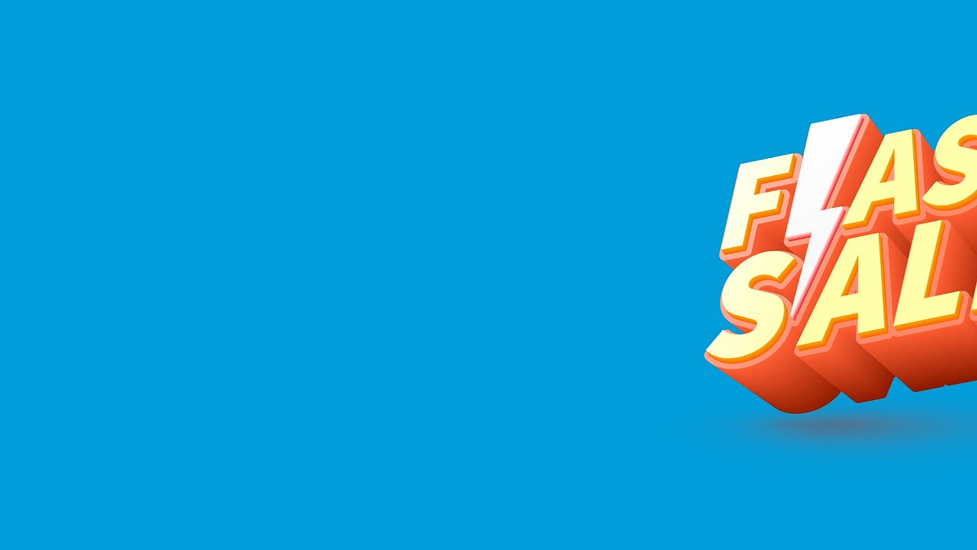 3D orange and yellow text reads Flash Sale on a bright blue background, referencing tesa tape. Left side remains empty. (This text has been generated by AI)