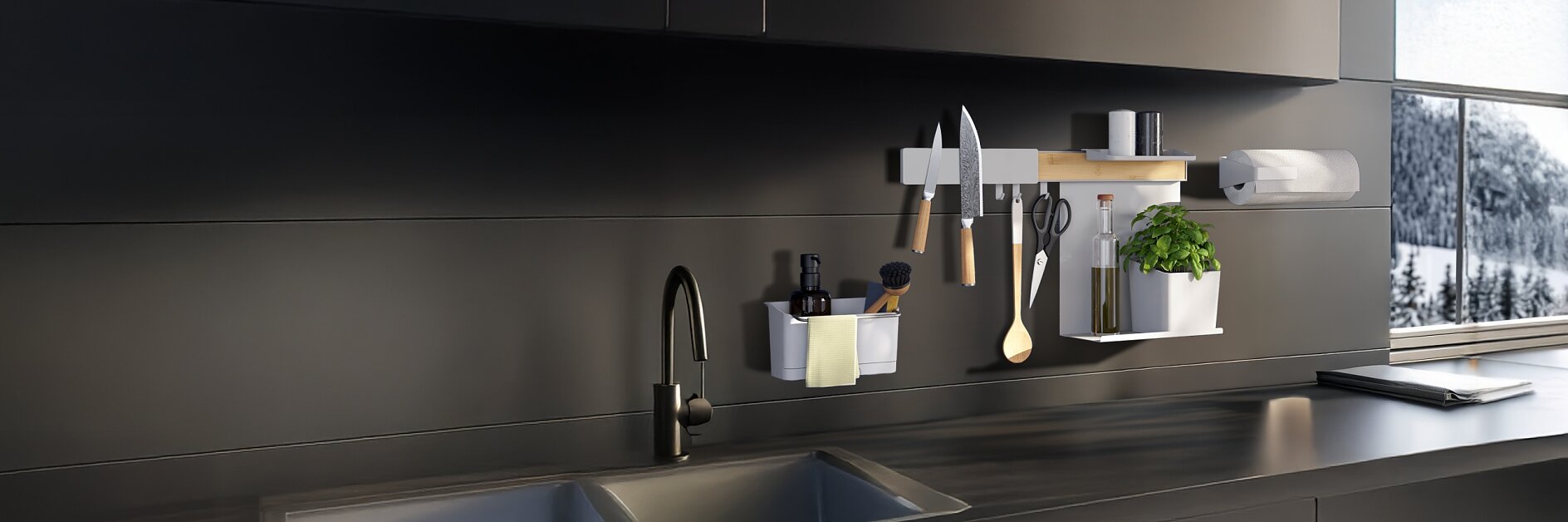 A modern kitchen with a black sink, matte black cabinets, and a rail hung with utensils and spices using tesa tape. Snowy view outside. (This text has been generated by AI)