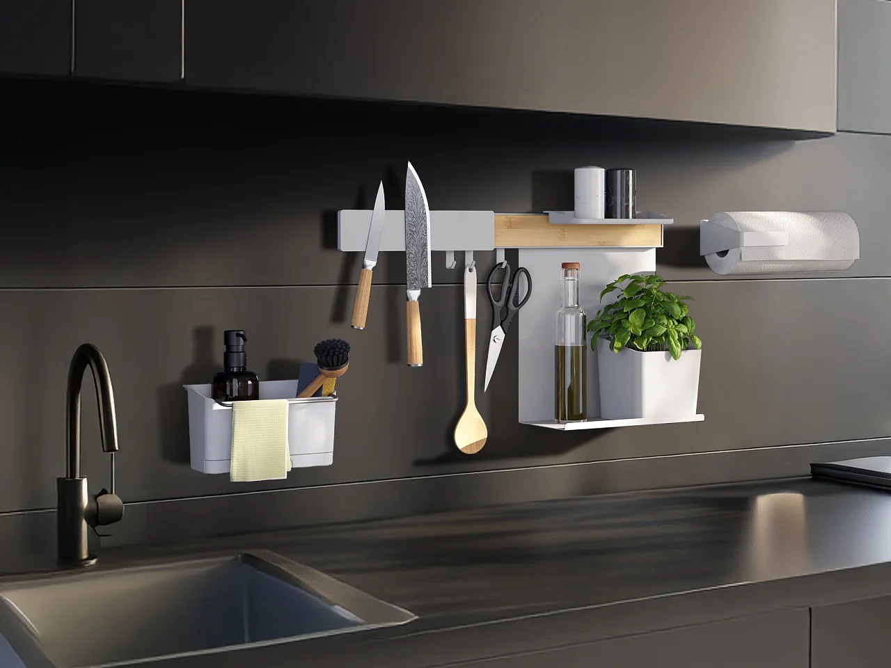 A modern kitchen with a black sink, matte black cabinets, and a rail hung with utensils and spices using tesa tape. Snowy view outside. (This text has been generated by AI)